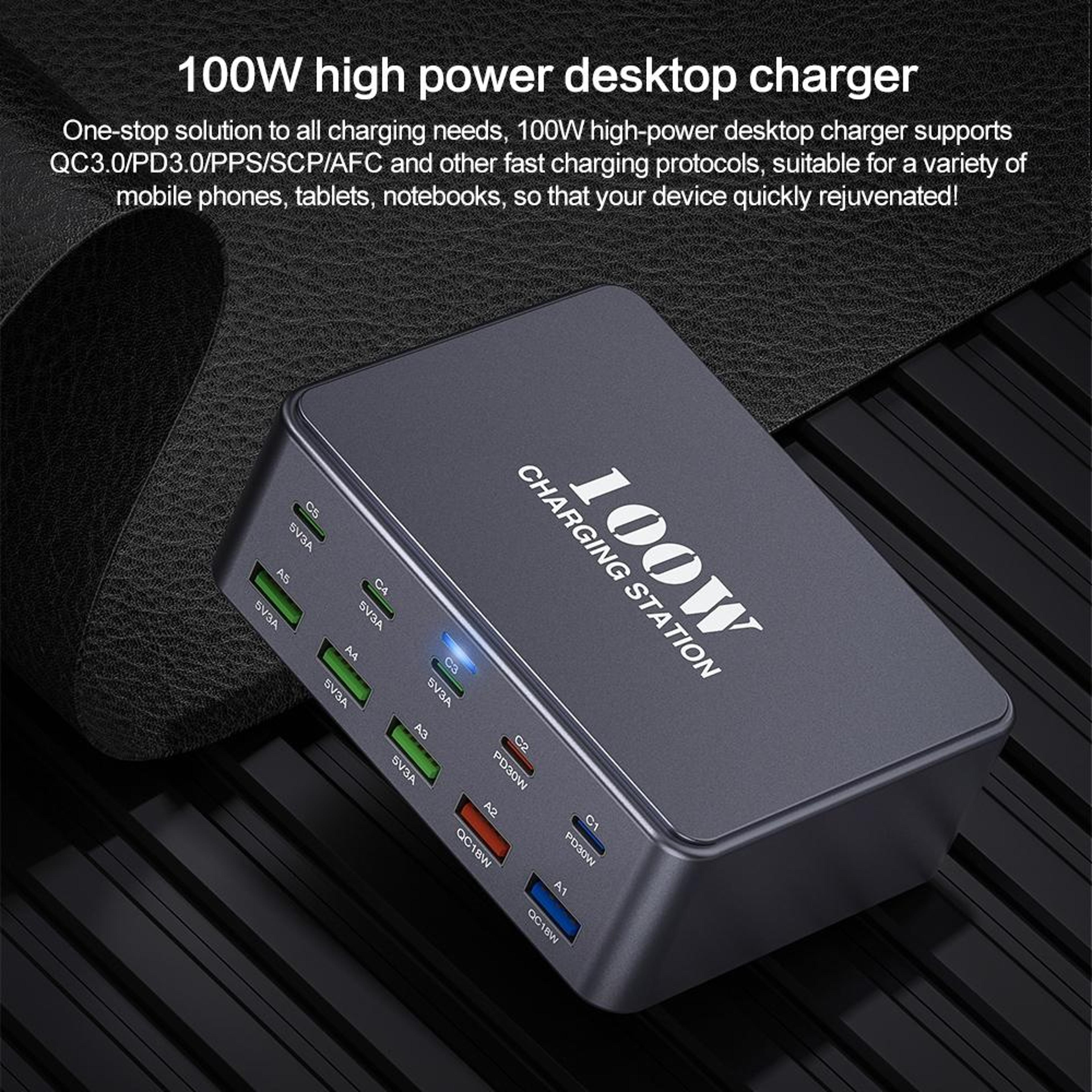 HW33 100W USB C Charger 10 Port Desktop Charging Station Fast Charging Hub US Plug 2