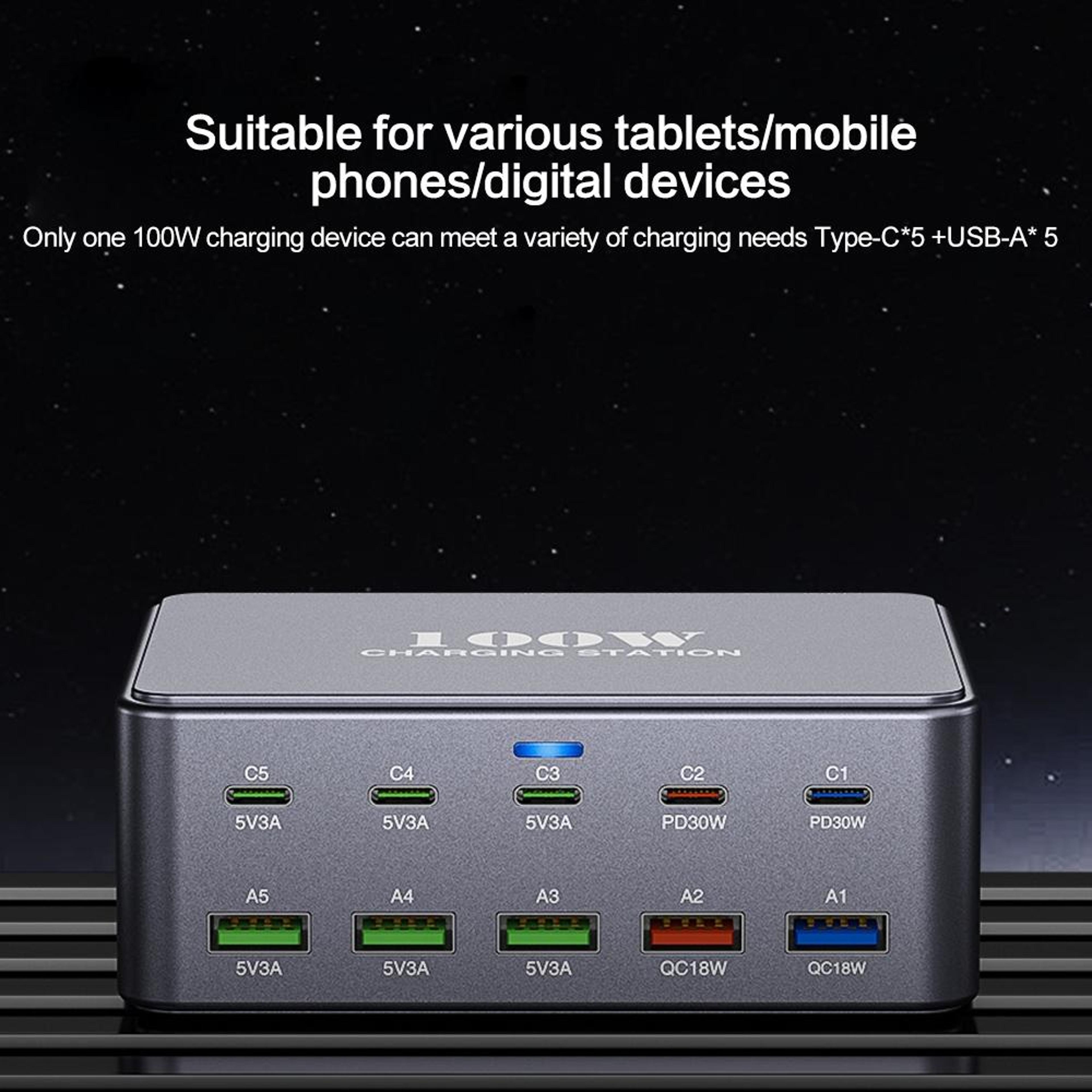 HW33 100W USB C Charger 10 Port Desktop Charging Station Fast Charging Hub US Plug 4