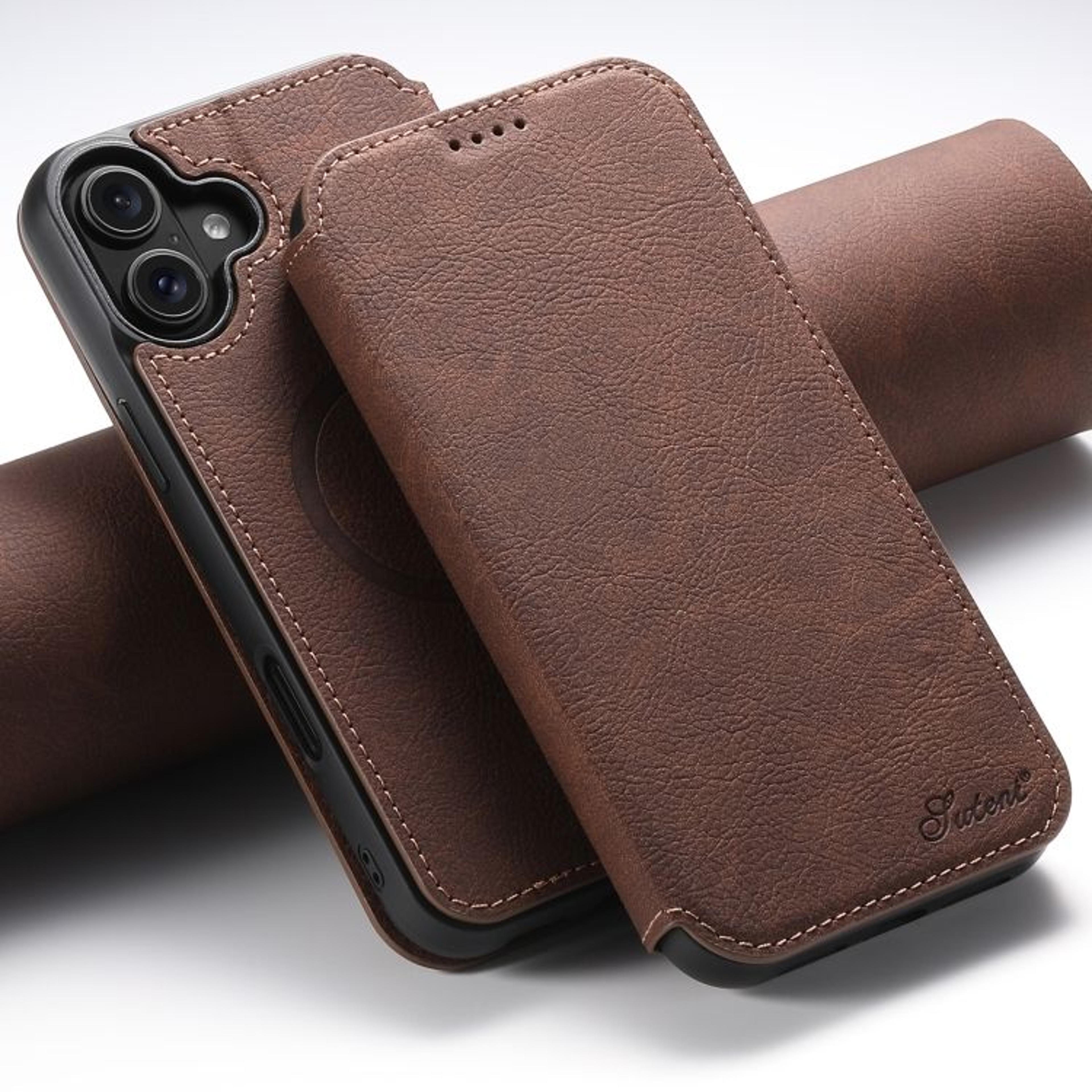 Suteni J06 IPhone 16 Plus MagSafe Case Retro Litchi Leather Wallet Kickstand Cover 7