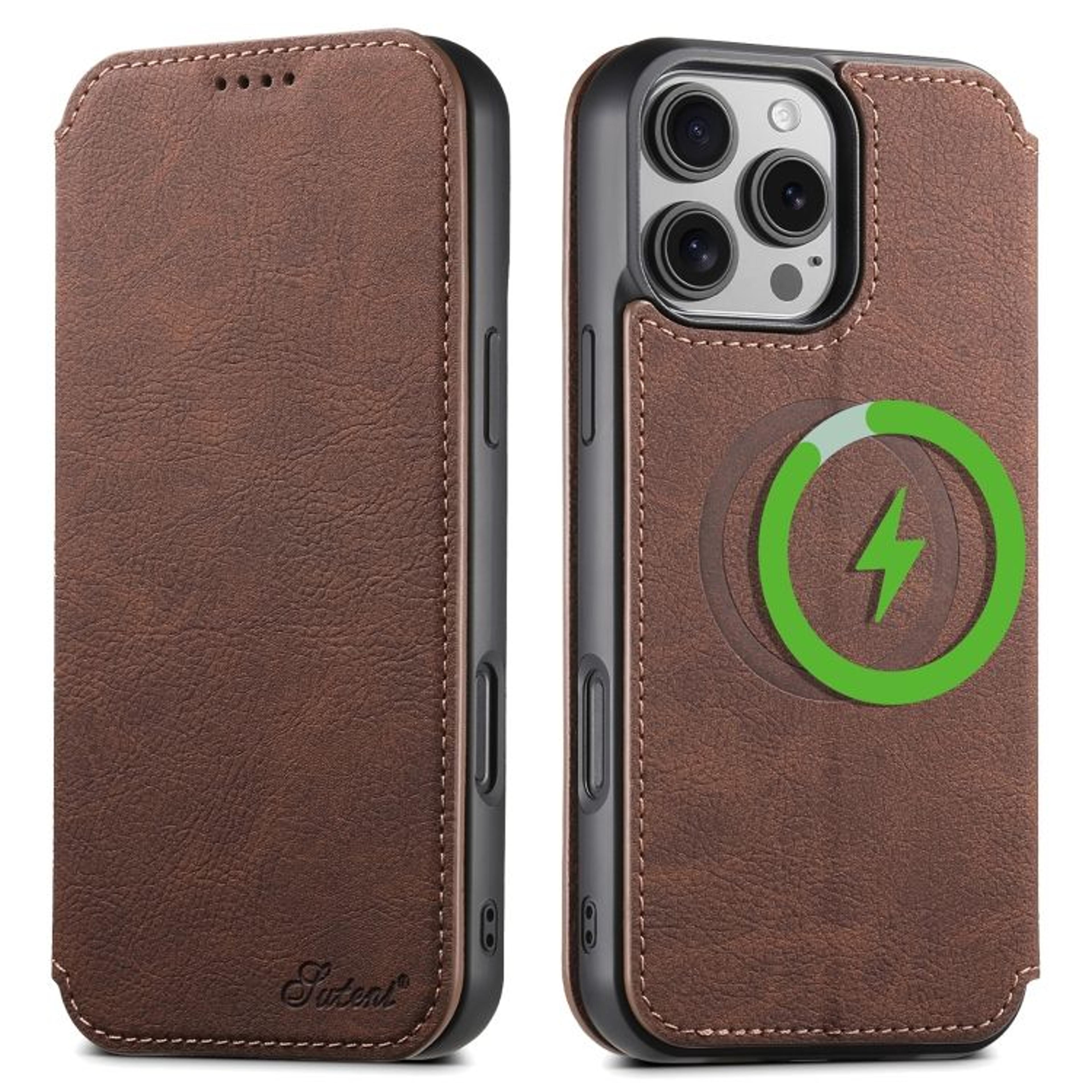 Suteni J06 IPhone 16 Pro MagSafe Case Retro Litchi Leather Wallet Case With Stand 6