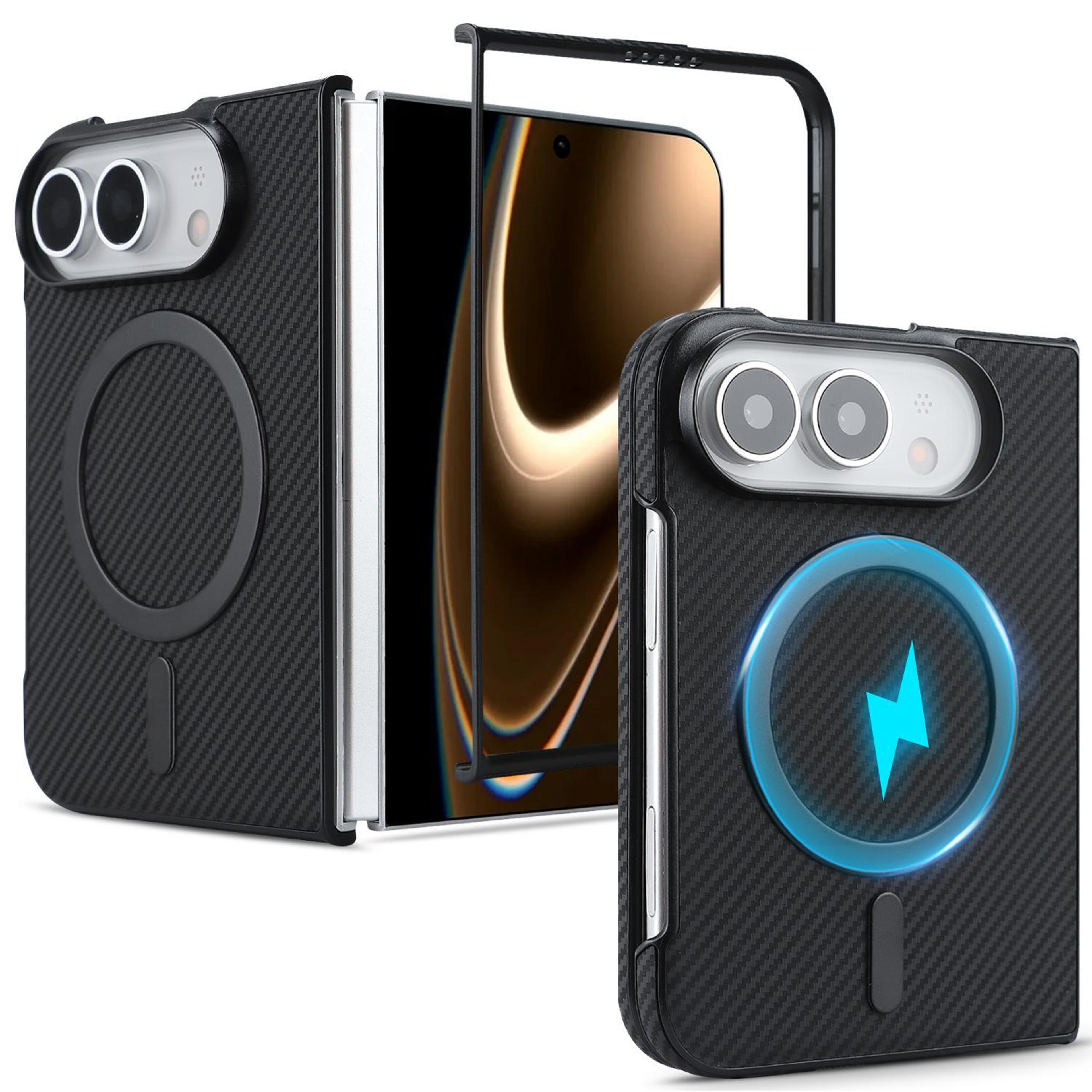 carbon fiber magsafe iphone duo case with faux leather finish and lens protection