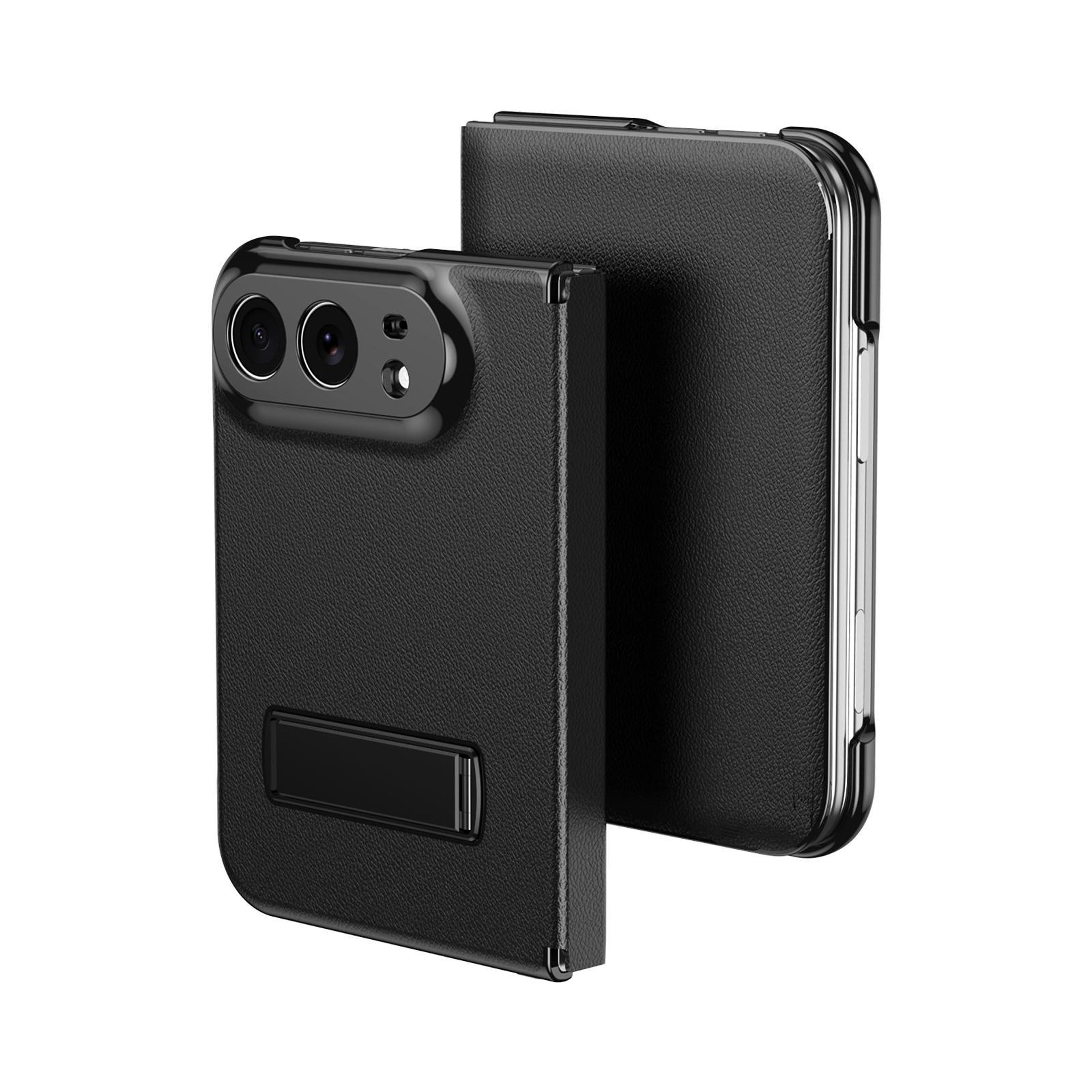 iphone duo magnetic flip case with vegan leather cover and 170° kickstand