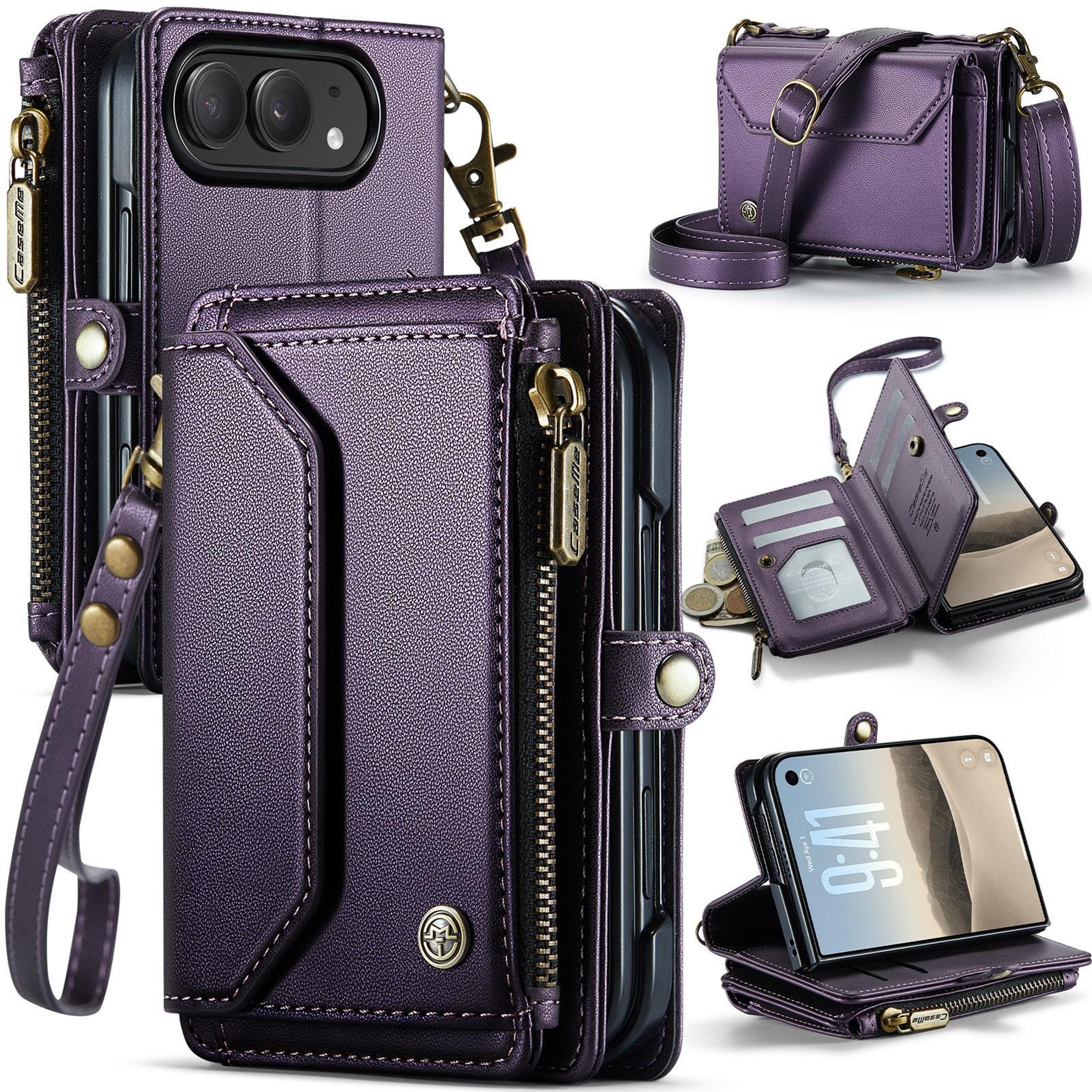 iphone duo wallet case with rfid blocking zipper pouch and crossbody strap