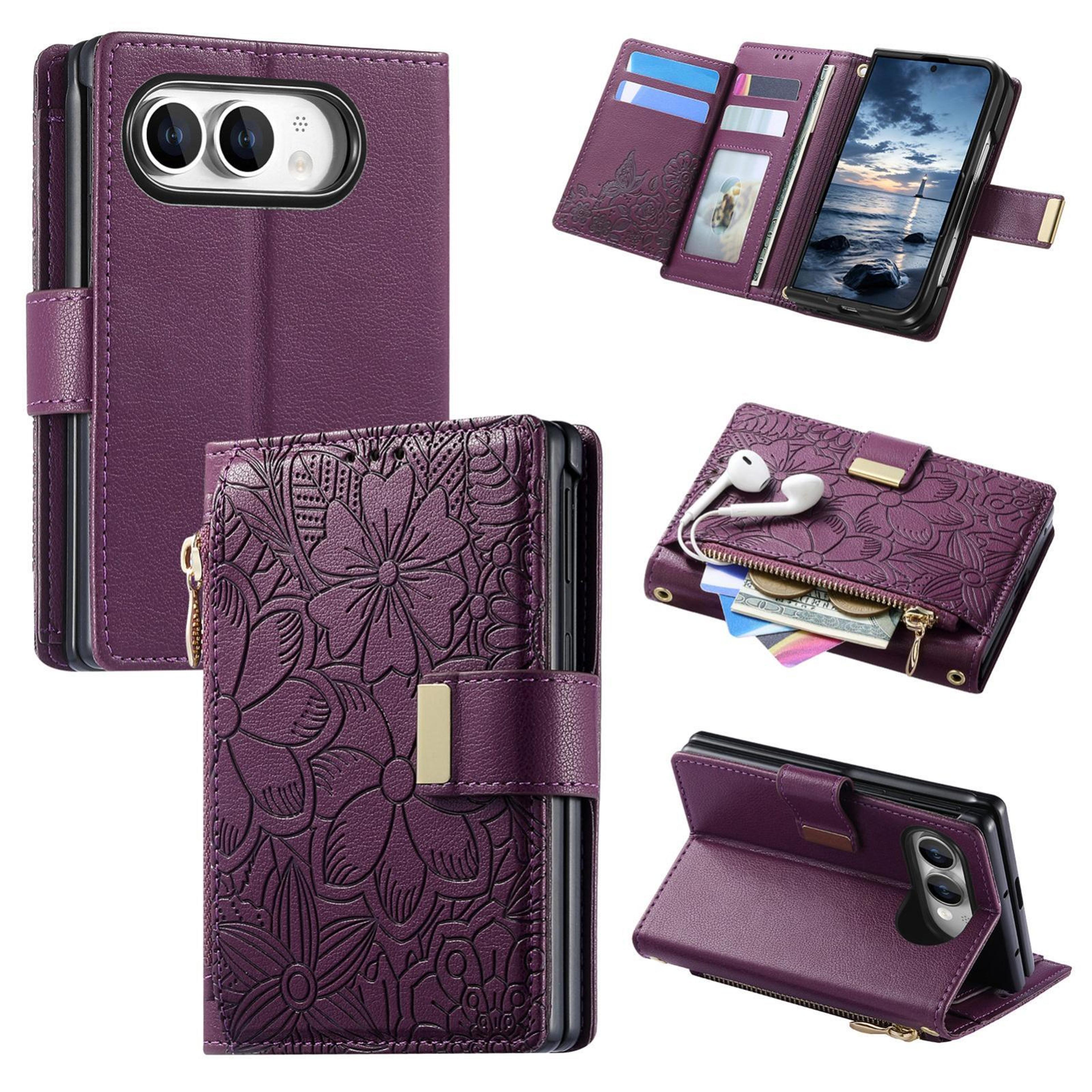 flowers and leaves zipper wallet iphone duo case with card slots and kickstand