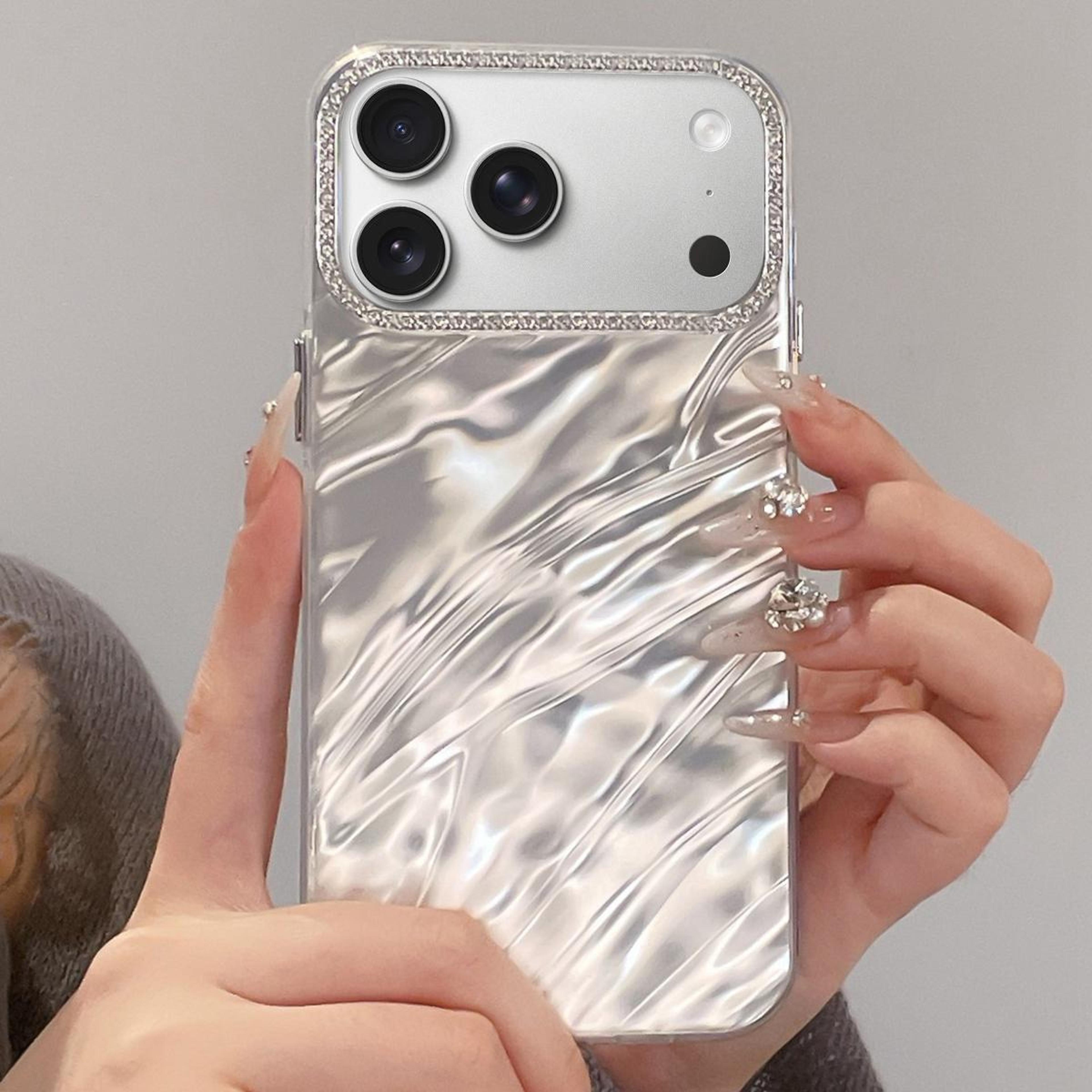 iphone 18 pro rhinestone camera frame wavy acrylic tpu phone case