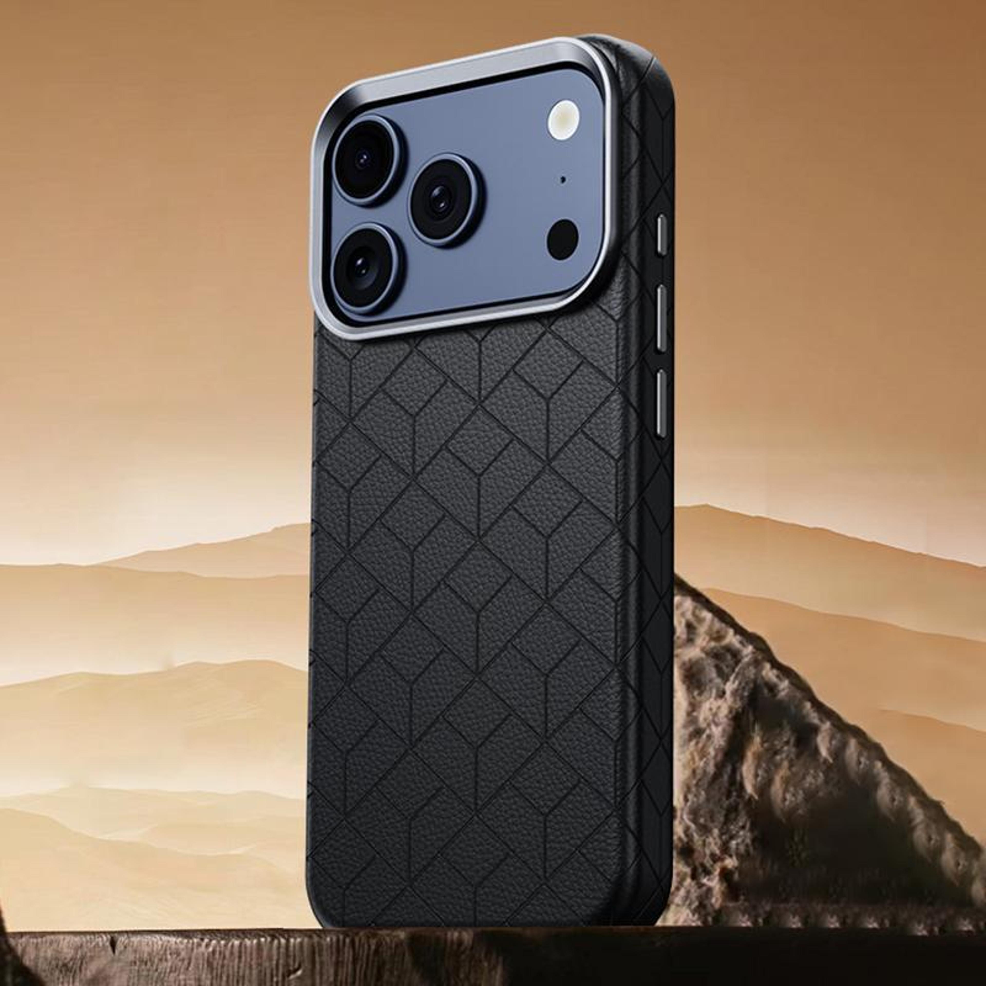 18 pro magnetic phone case with embossed grid pattern and metal frame
