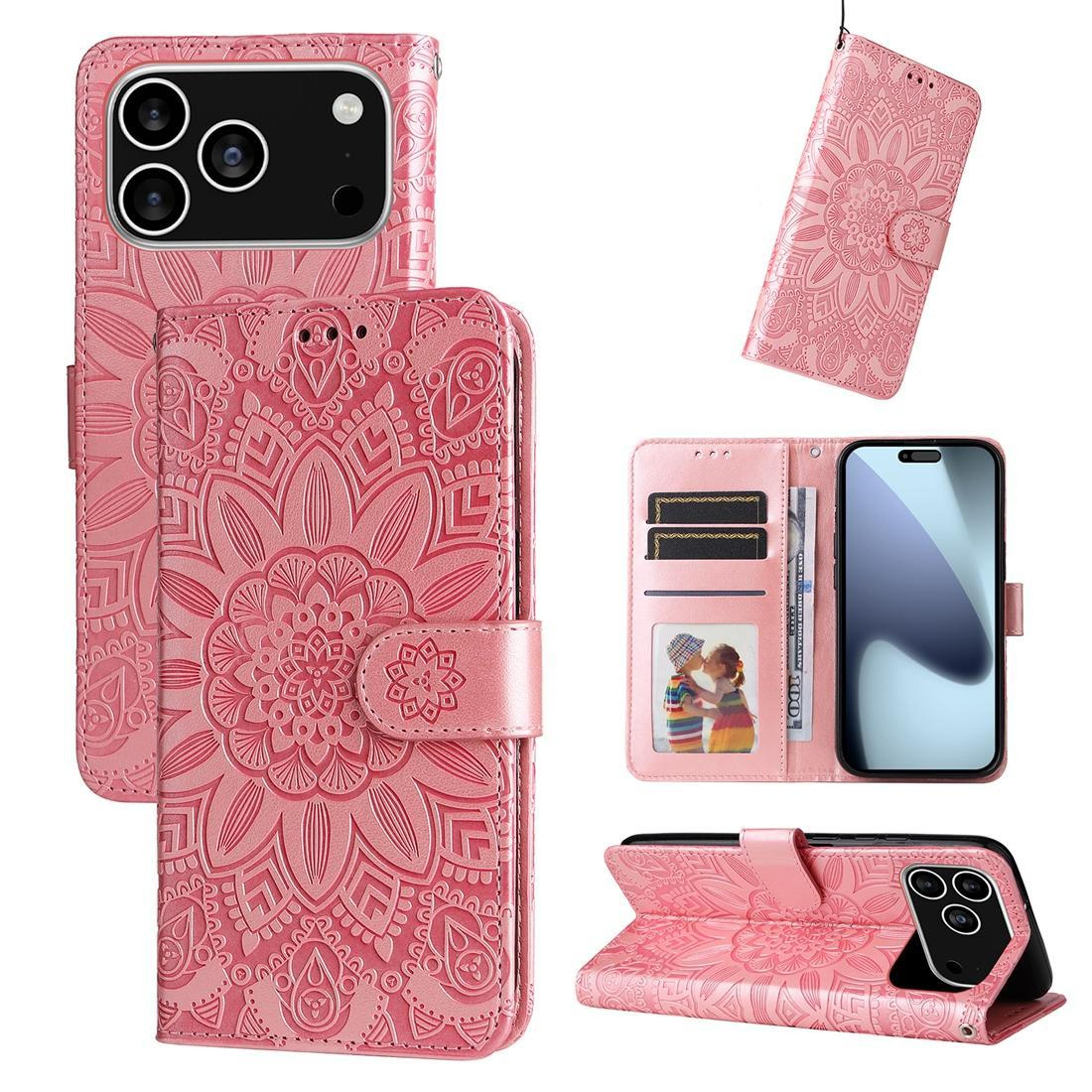 embossed sunflower leather phone case with card slots and kickstand for iphone 18 pro