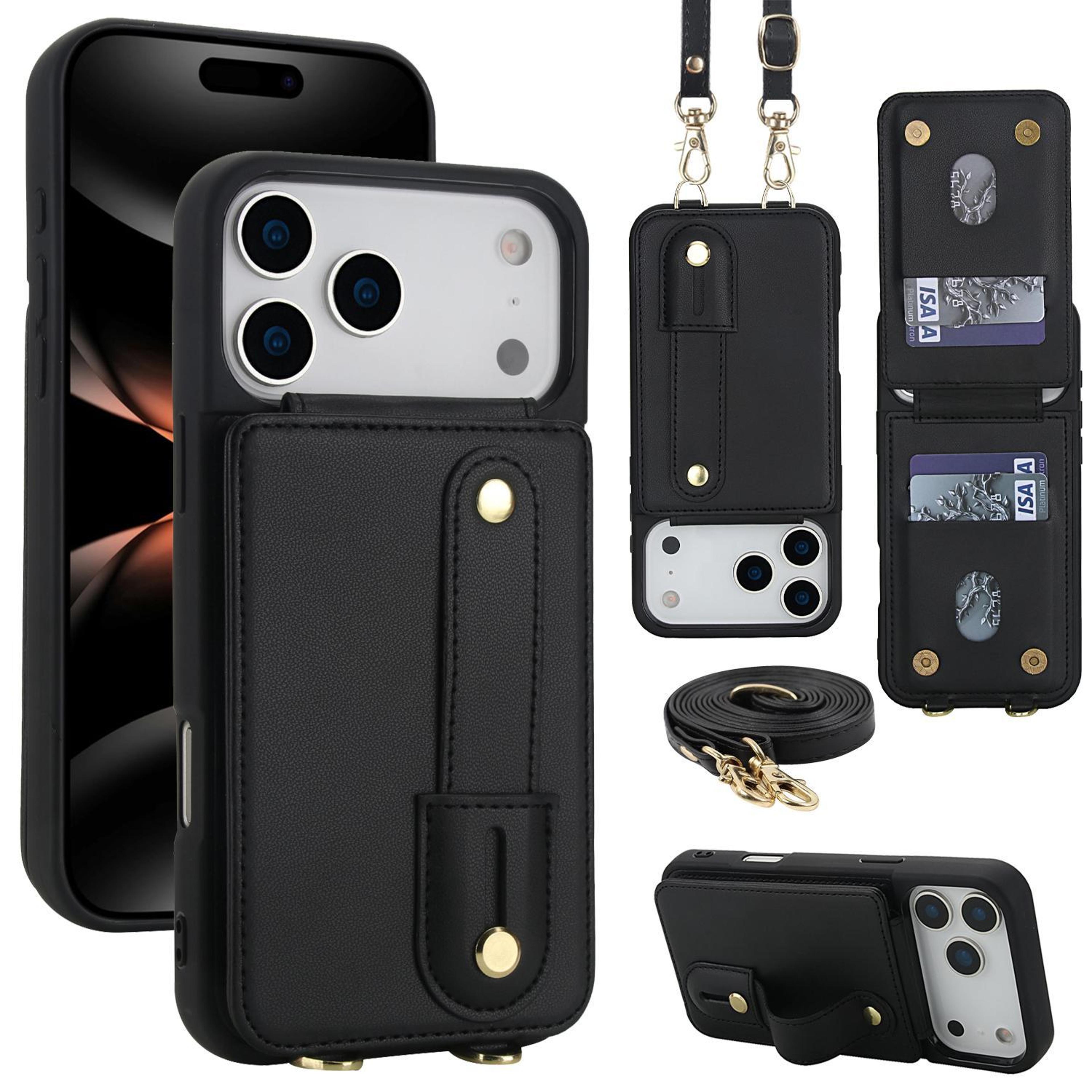 iphone 18 pro max flip wallet case with wristband stand and crossbody lanyard