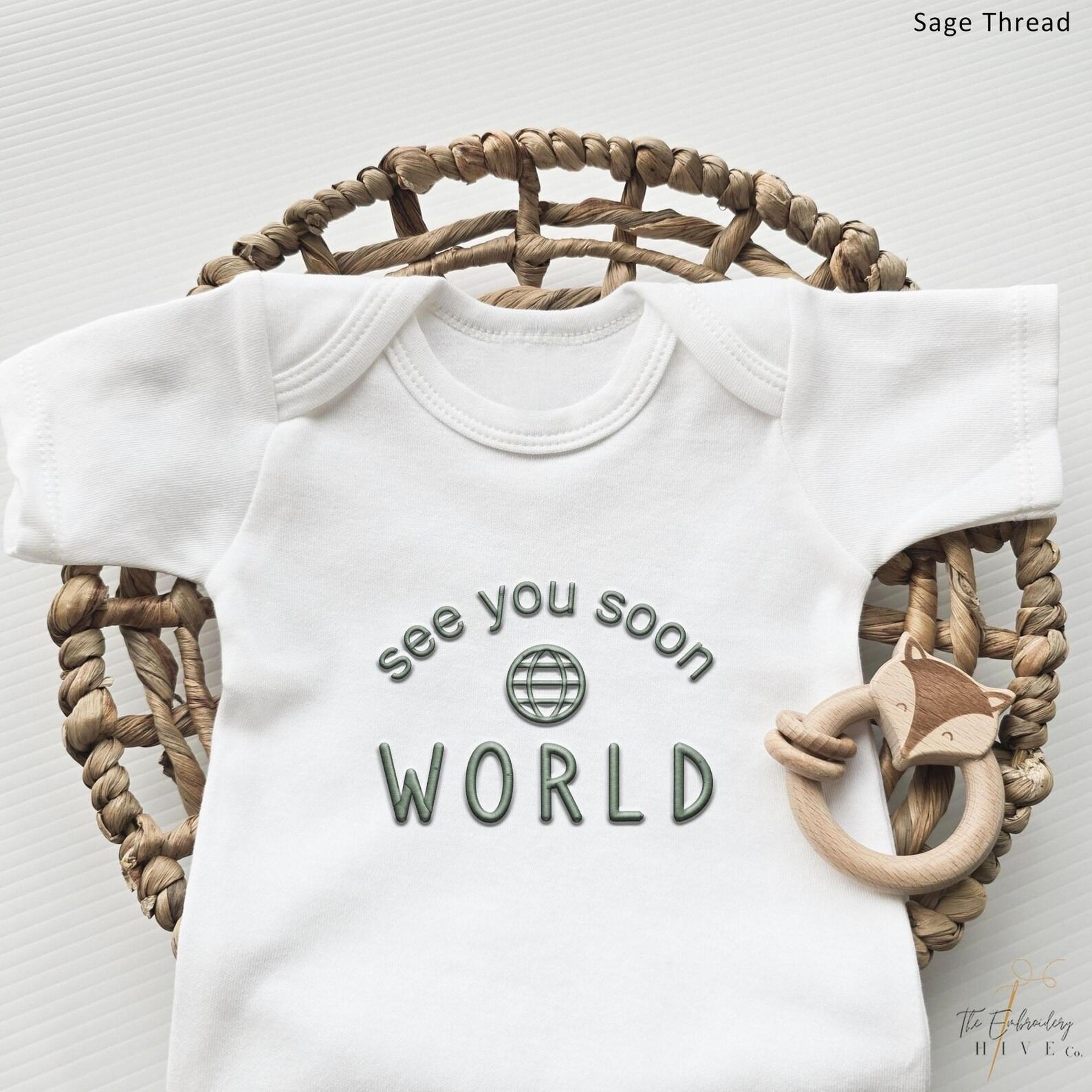 see you soon world embroidery short sleeves romper, pregnancy announcement baby bodysuit, newborn gift