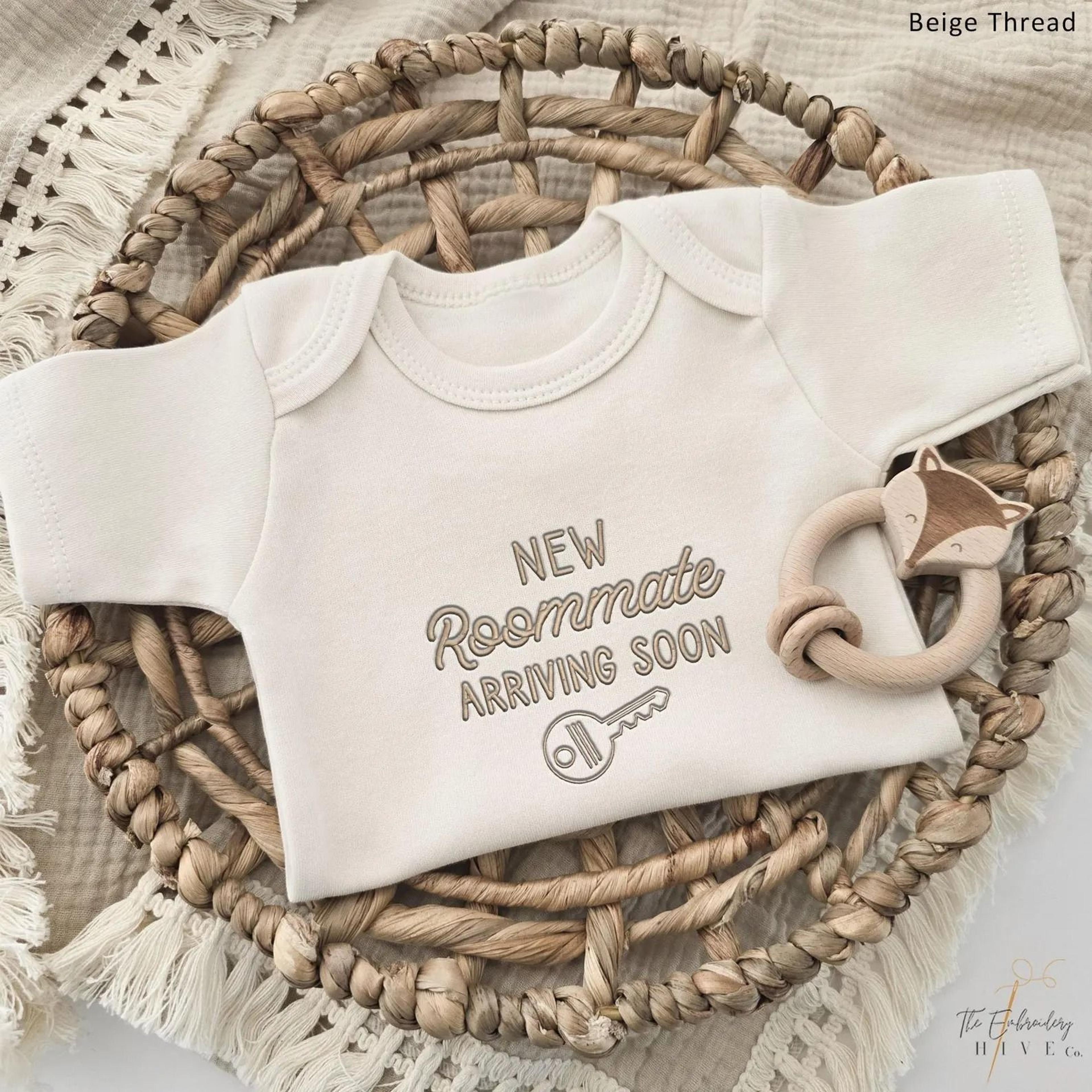 new roommate arriving soon embroidery short sleeves romper, pregnancy announcement baby bodysuit gift idea