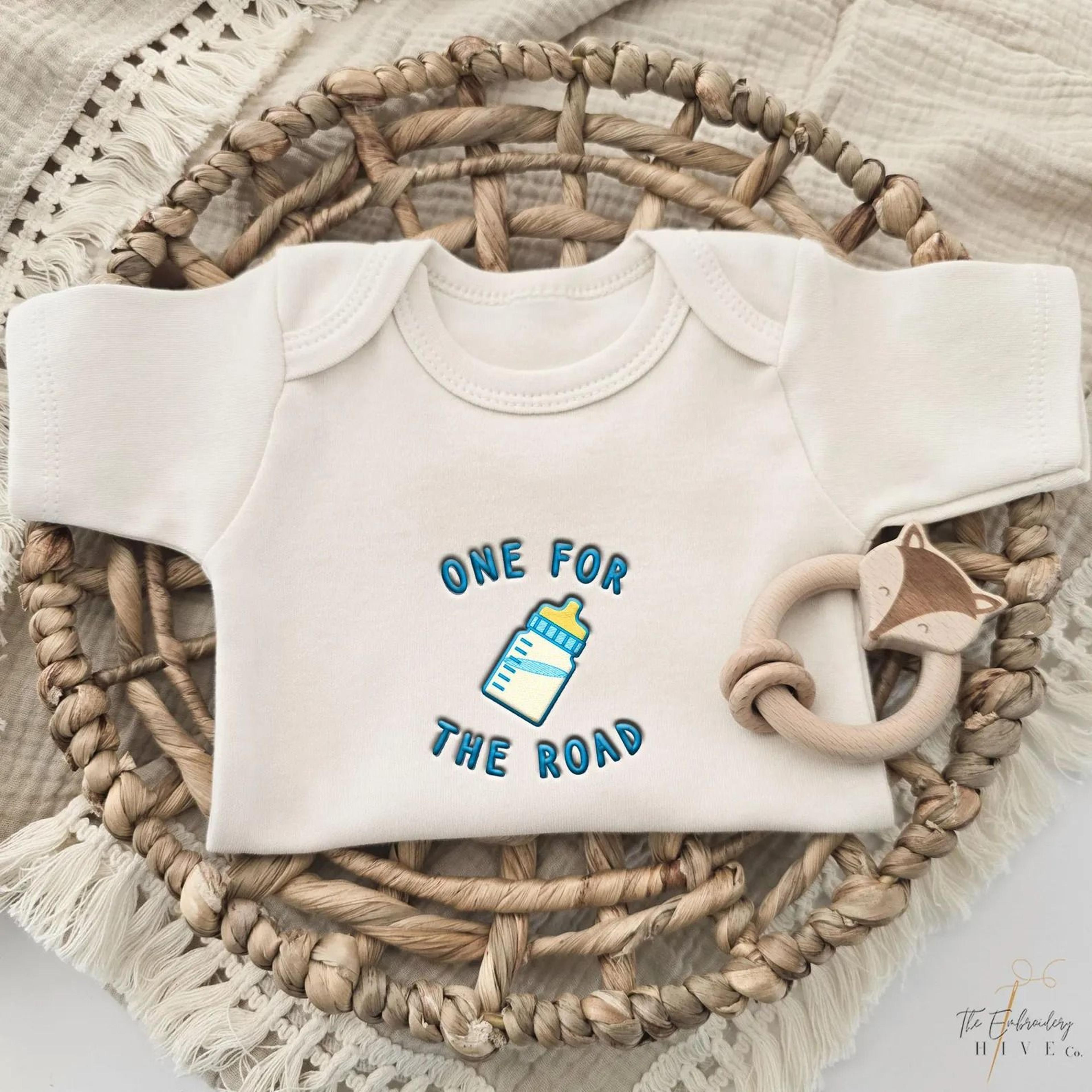 one for the road embroidery short sleeves romper, funny baby bottle bodysuit, newborn baby shower gift