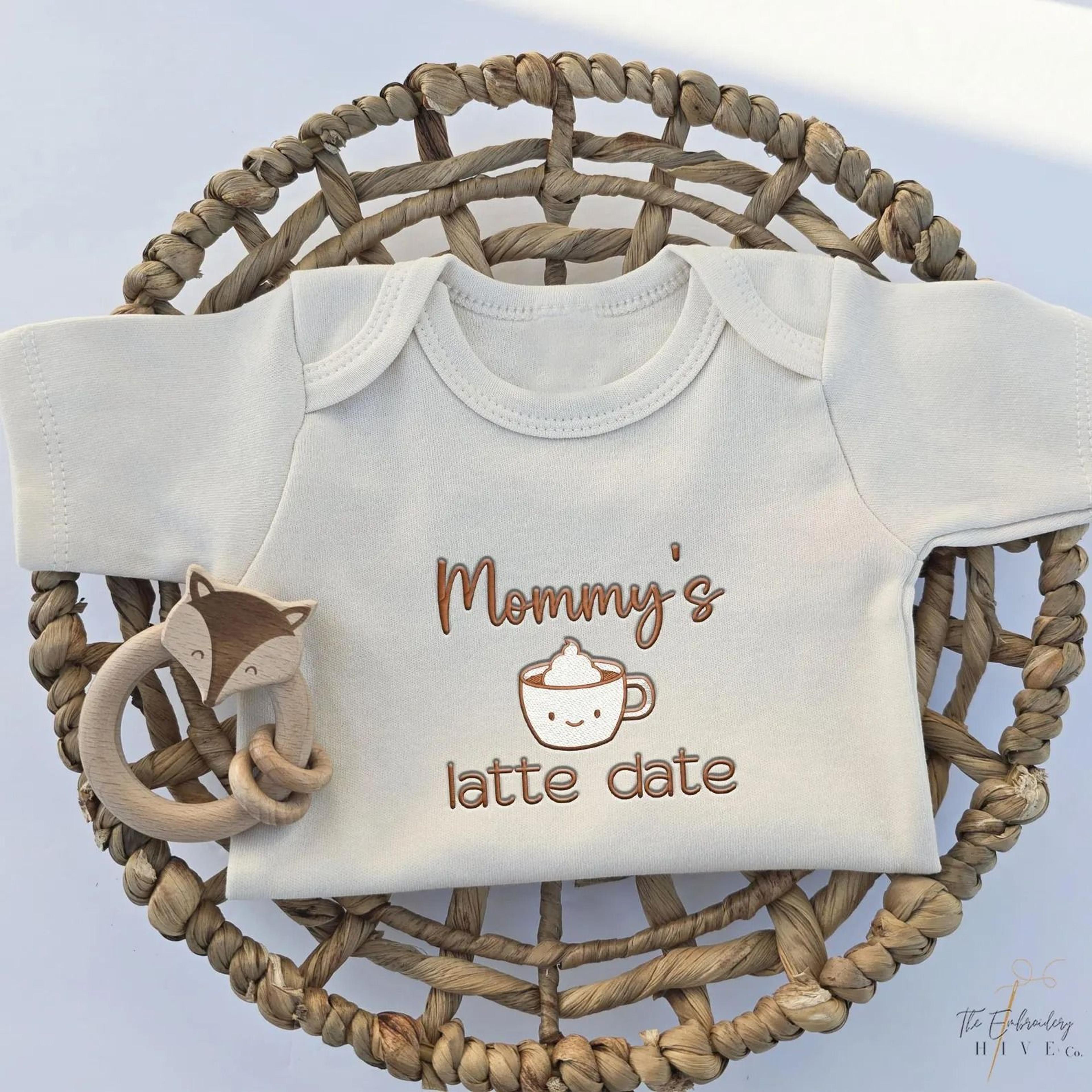 mommy's latte date embroidery short sleeves romper, coffee baby bodysuit, baby shower gift for coffee moms