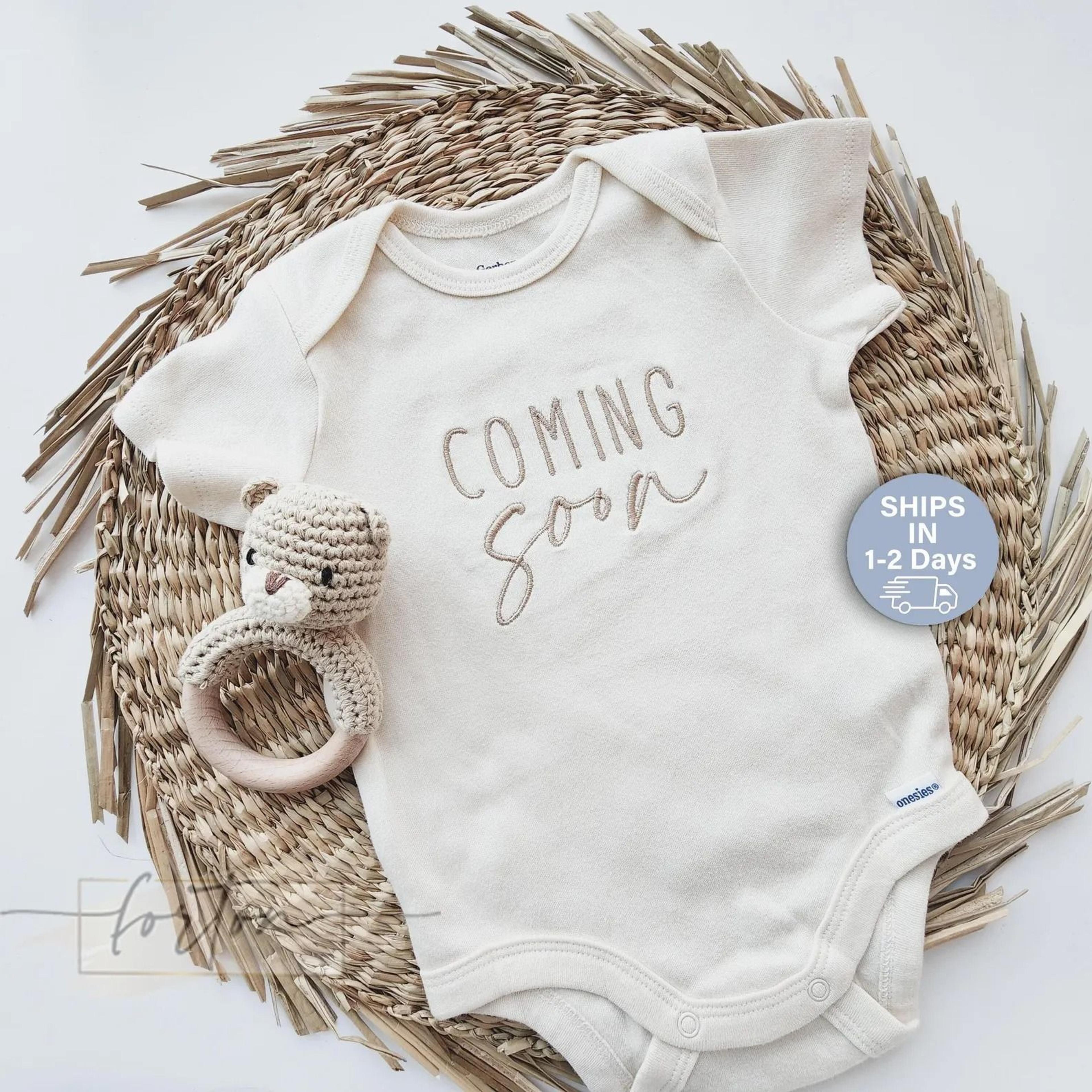 coming soon embroidery short sleeves romper, pregnancy announcement baby bodysuit, baby shower gift, newborn outfit