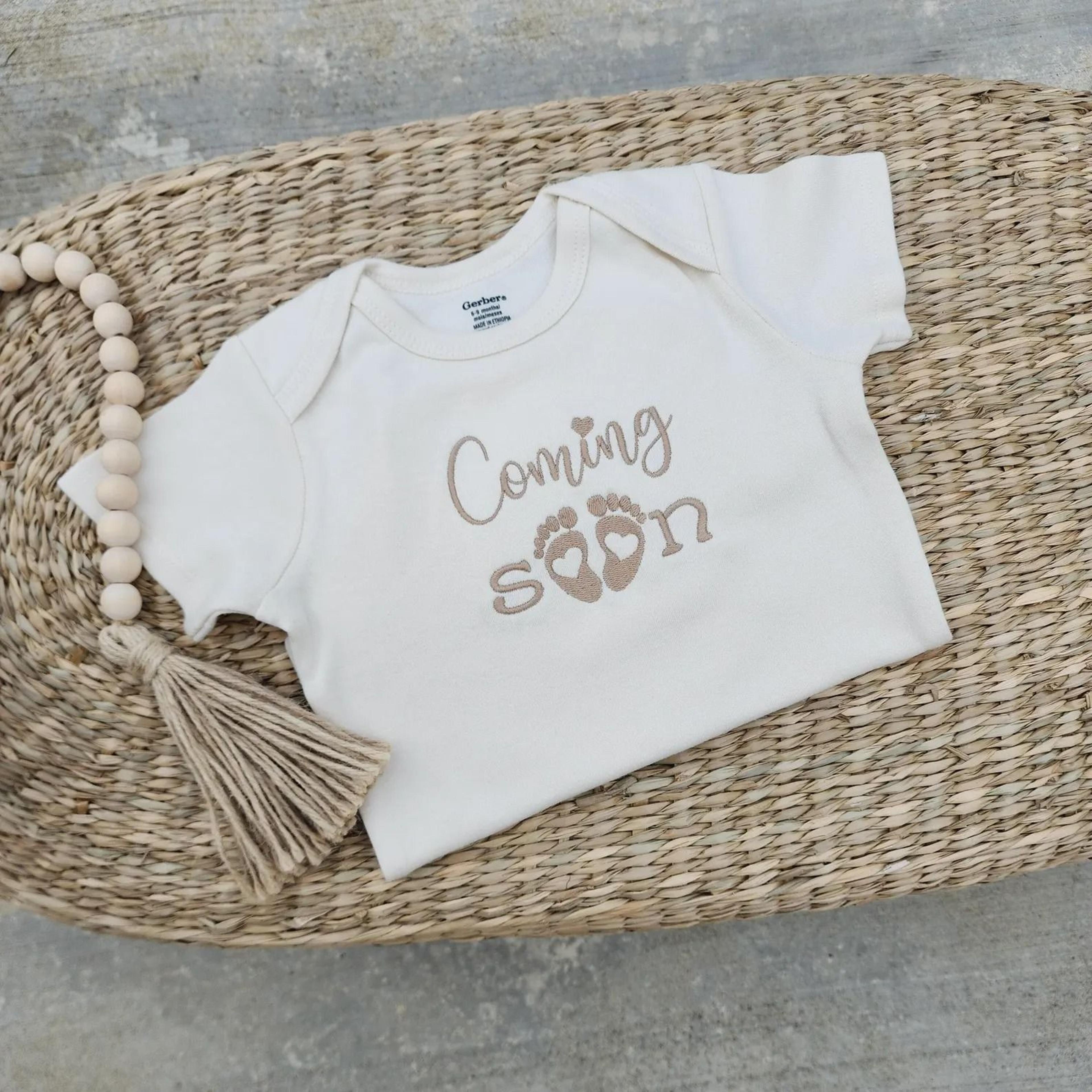 coming soon embroidery short sleeves romper, pregnancy announcement bodysuit, baby reveal outfit, newborn gift