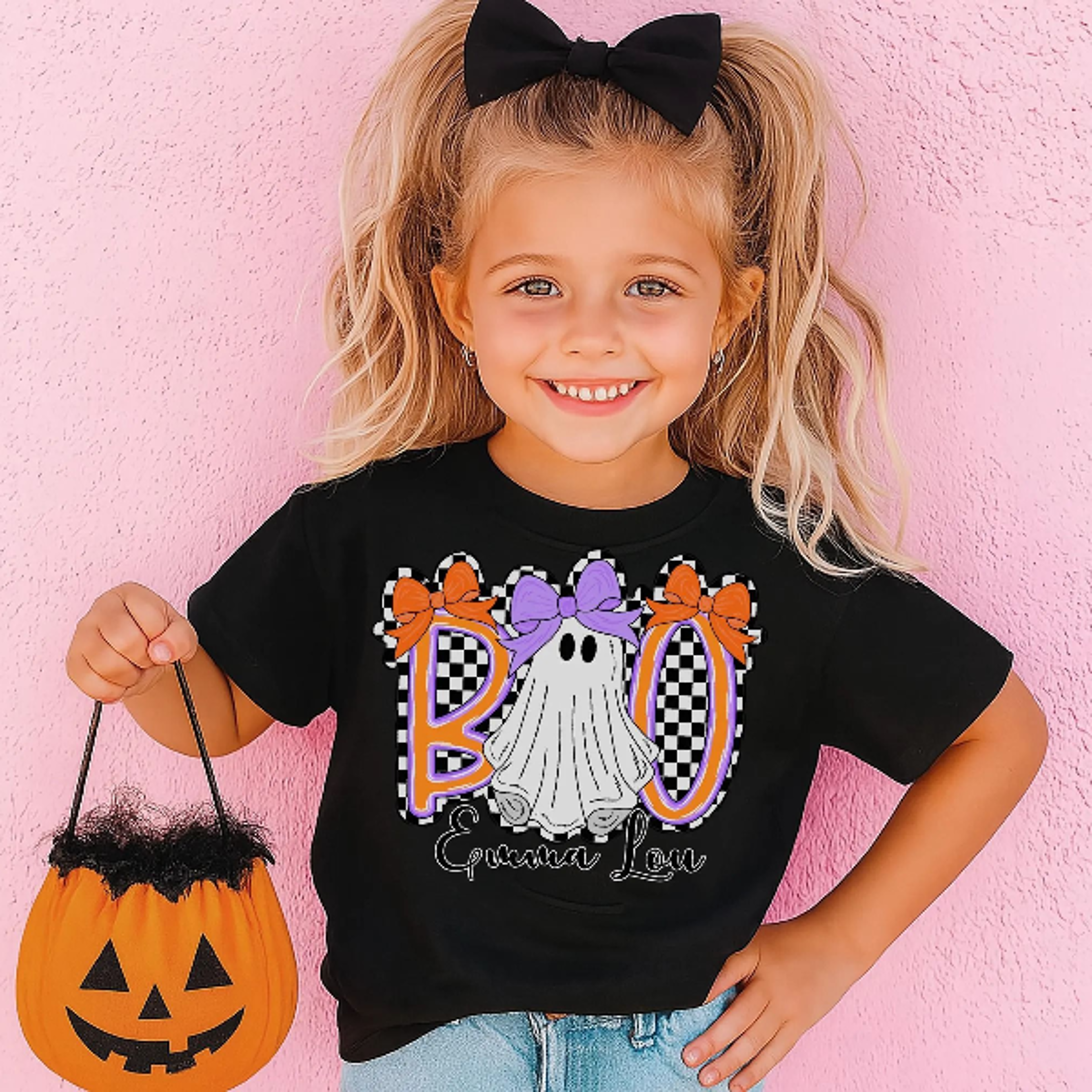 personalized halloween ghost boo shirt, custom name girls halloween tee, cute ghost bow shirt, pink halloween outfit