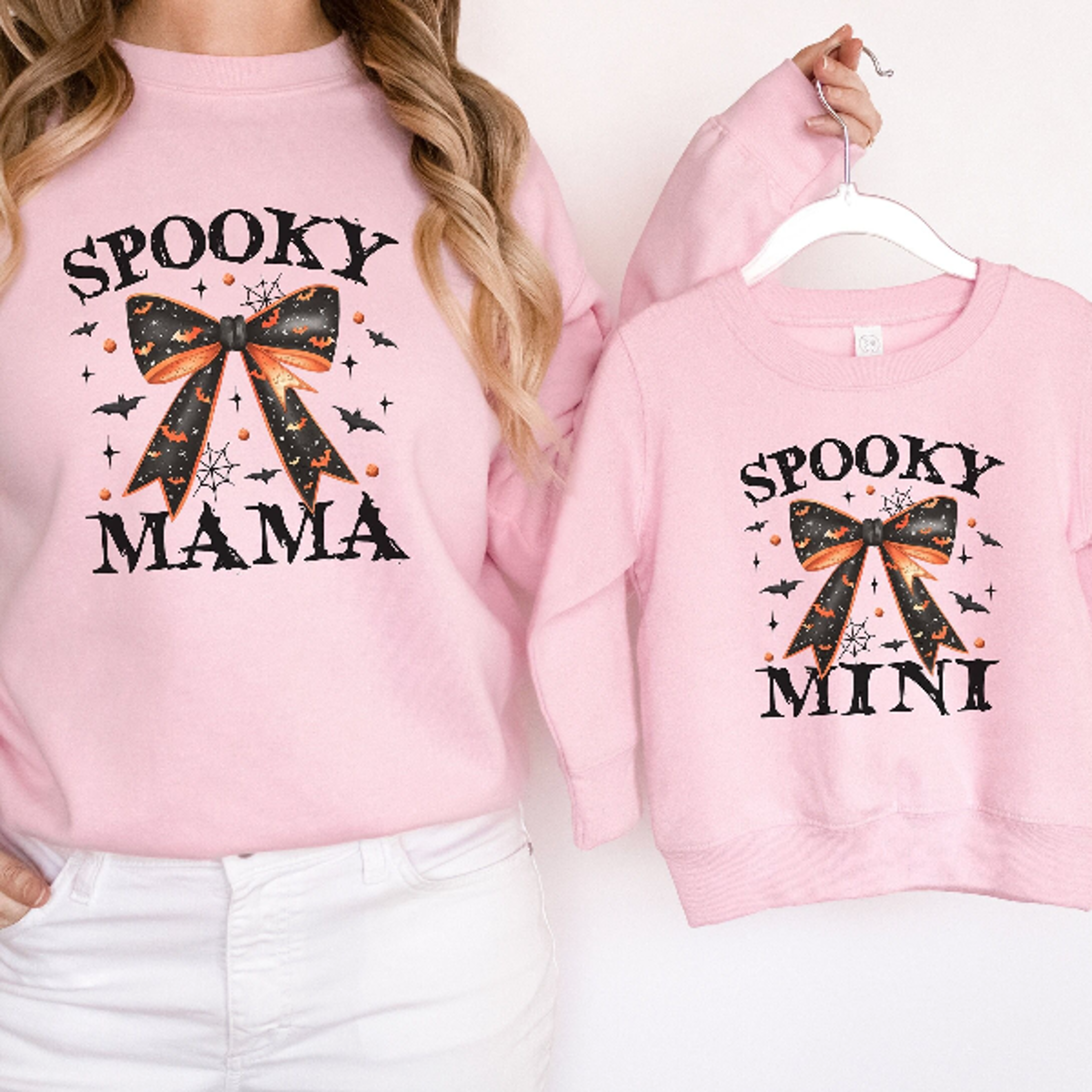 spooky mama and mini sweatshirts, matching halloween shirts, mommy and me halloween outfits, family spooky season sweats