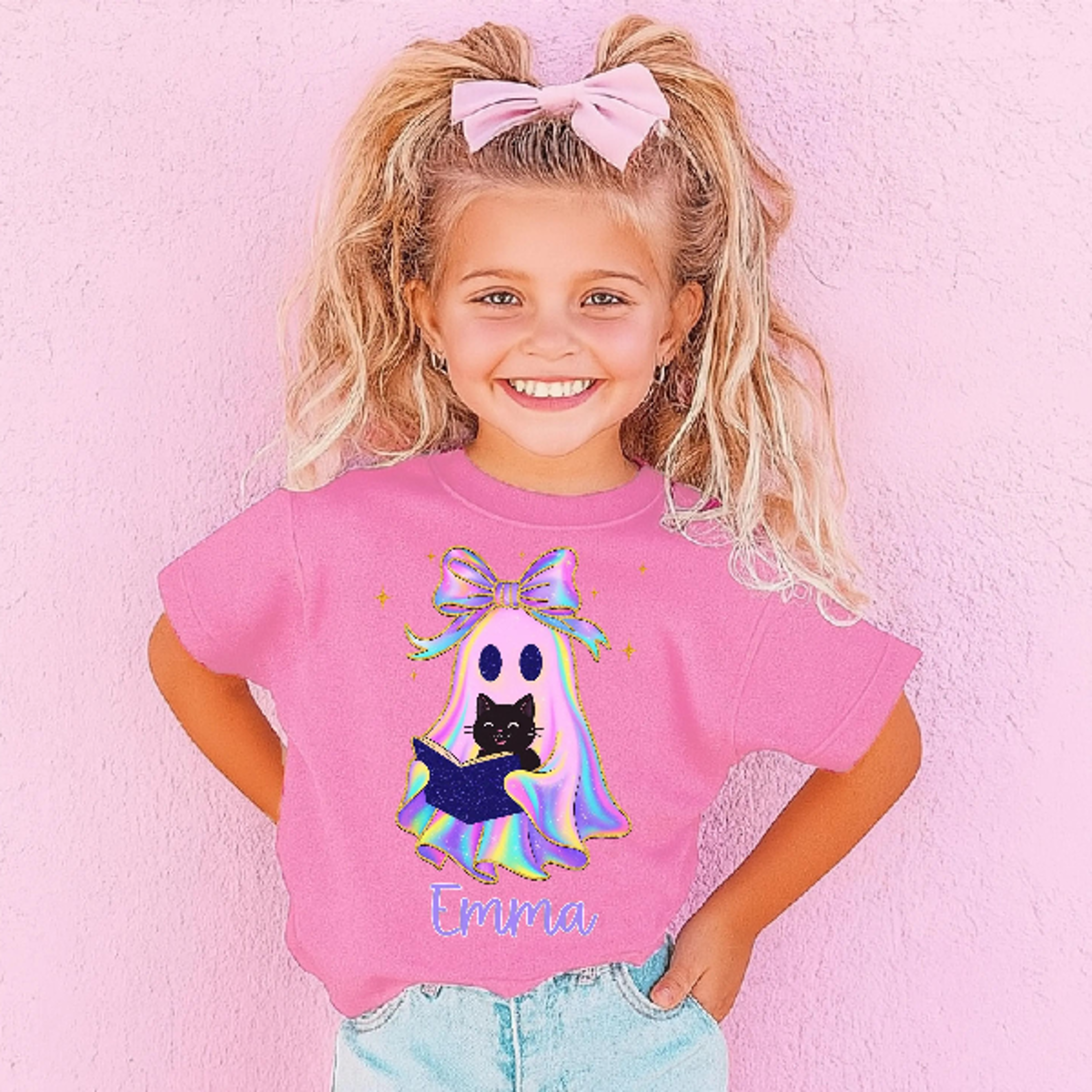 personalized ghost cat halloween shirt, custom girl halloween tee, cute spooky ghost shirt, toddler halloween outfit