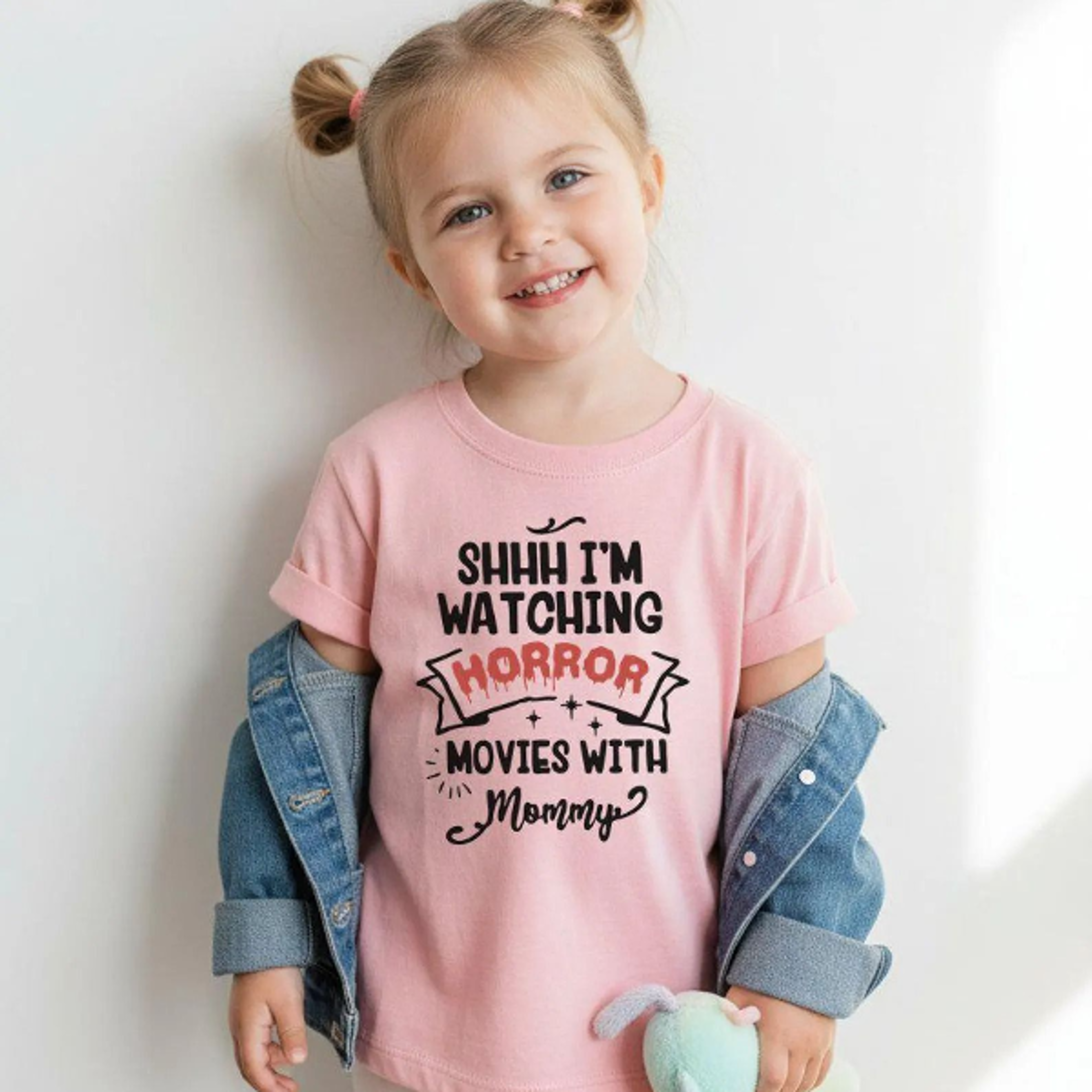 shhh i'm watching horror movies with mommy kids t-shirt, youth halloween shirt, funny horror kids tee, spooky toddler