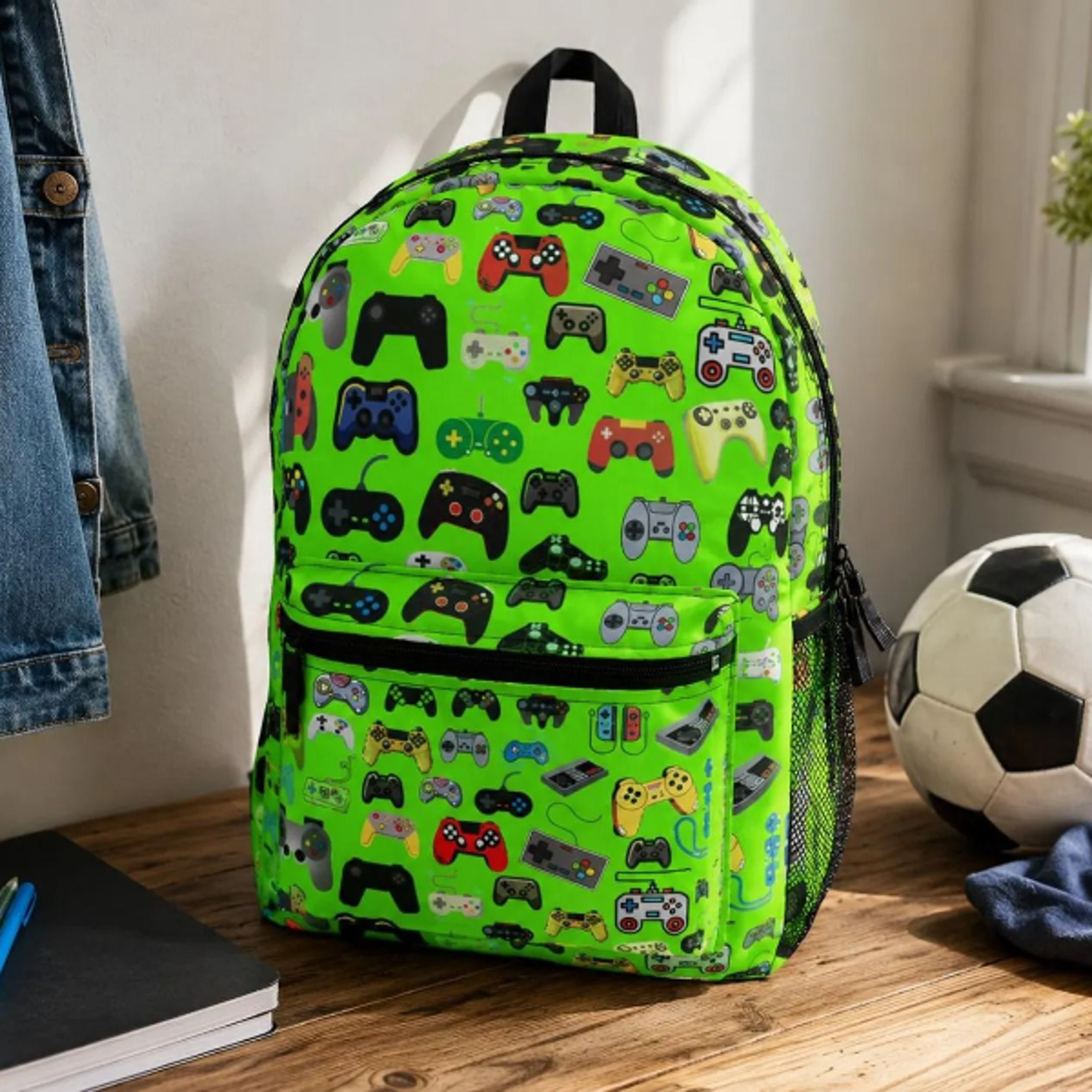 retro gaming controller kids backpack, personalized console gamer school backpack, neon green video game bookbag for boy