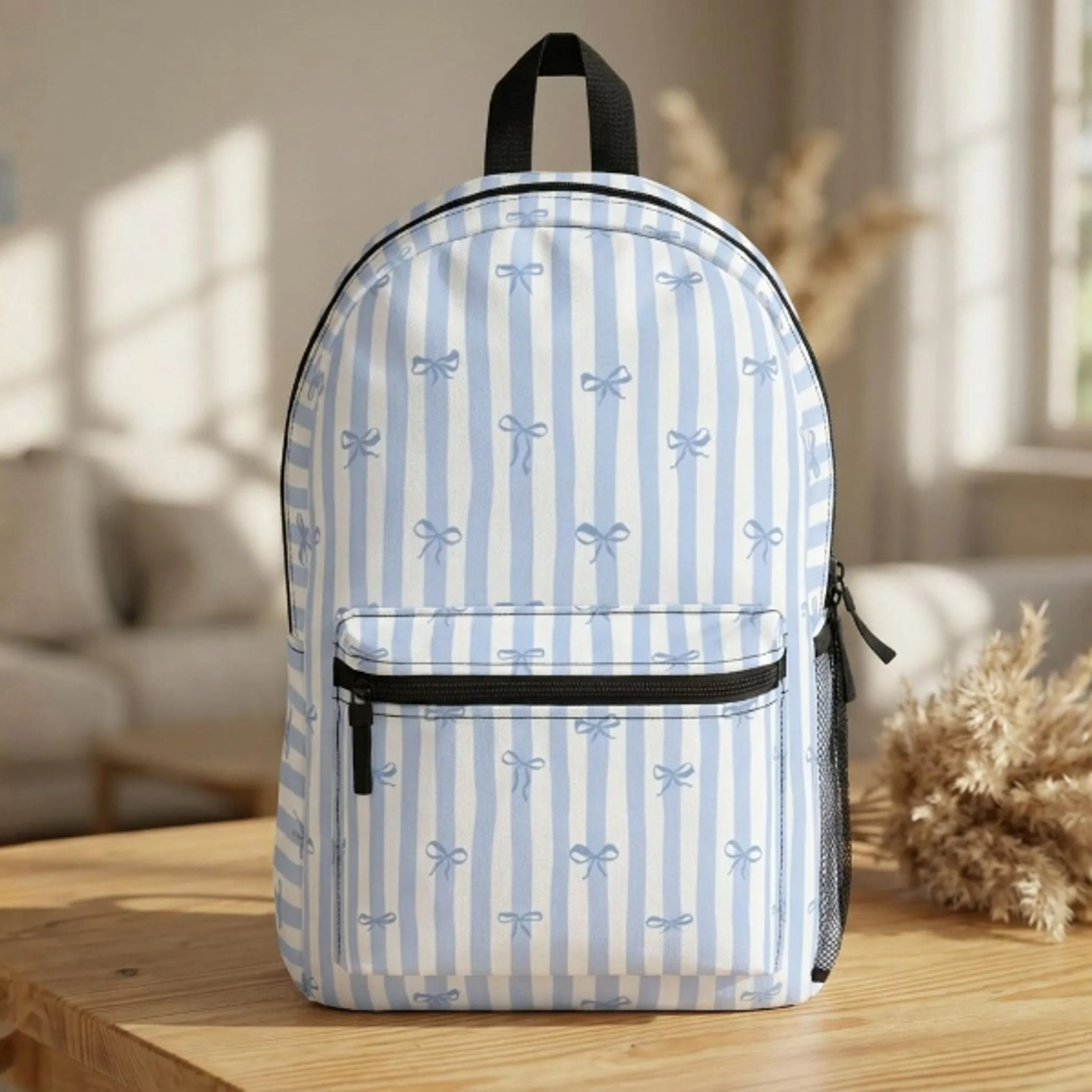 personalized blue bow kids backpack, custom name school backpack, coquette stripe bookbag, cute bow backpack for girls