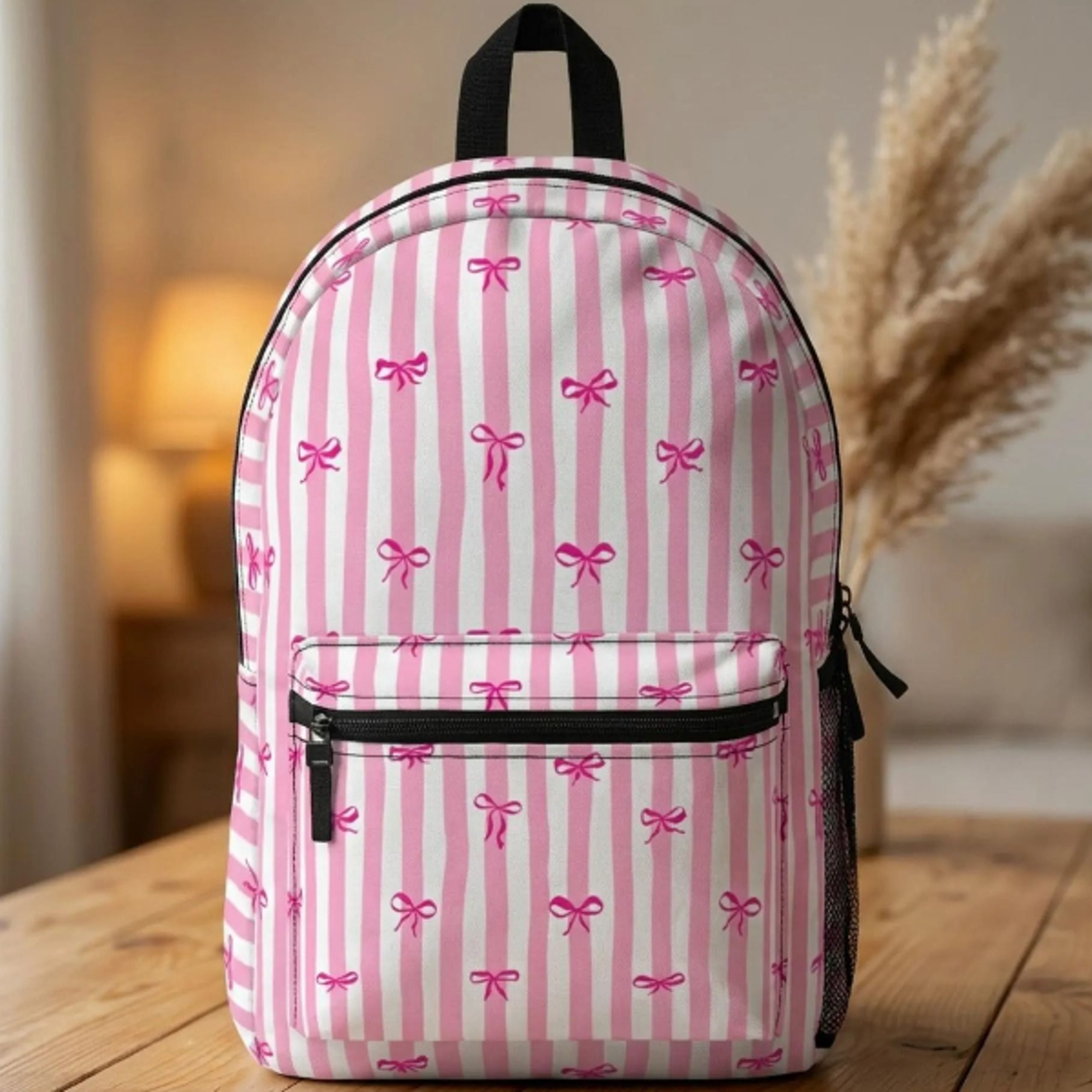personalized pink bow kids backpack, custom name school backpack, coquette stripe bookbag, cute pink bow backpack