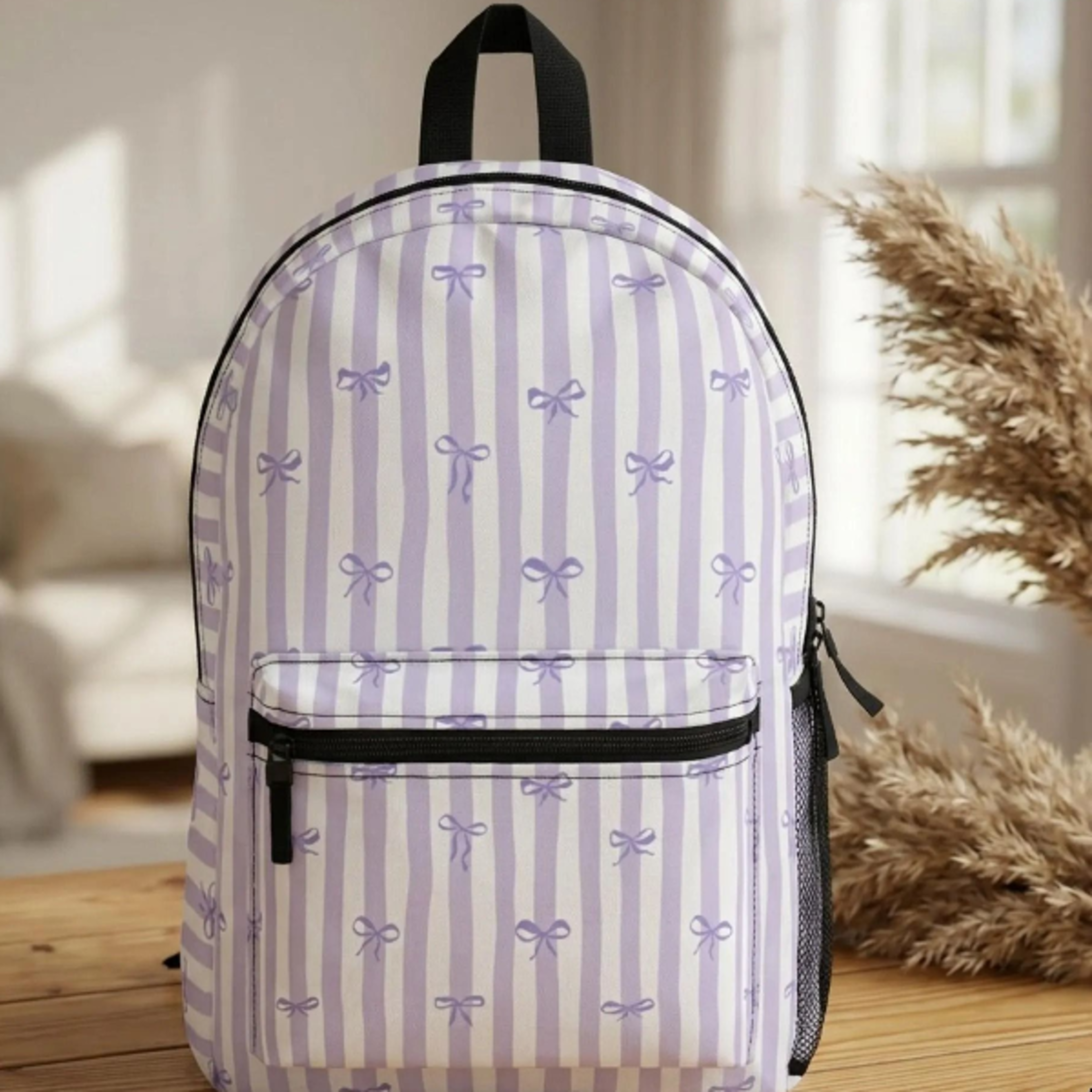 personalized lavender bow kids backpack, custom name school backpack, purple coquette bookbag, cute stripe backpack