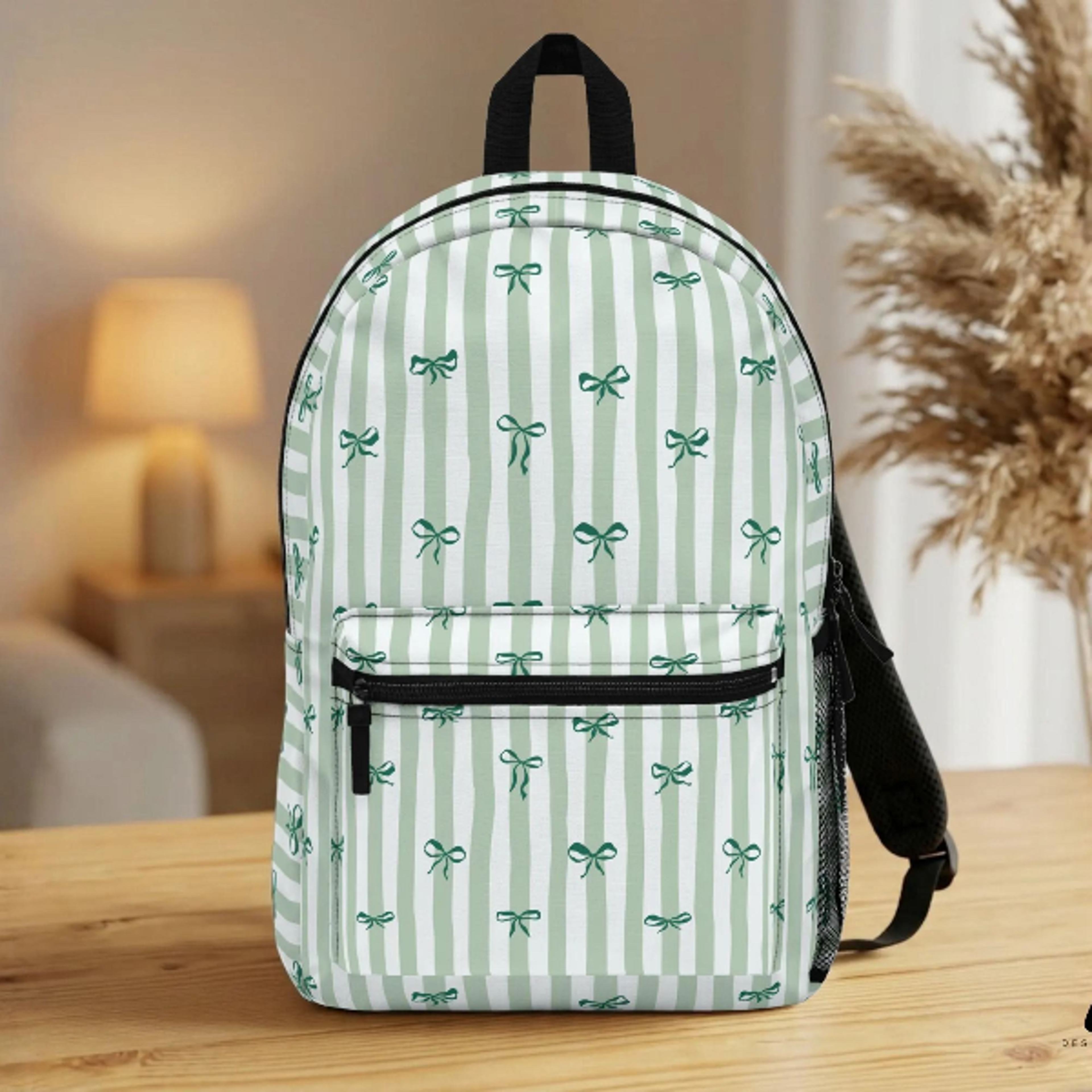 personalized sage green bow kids backpack, custom name school backpack, coquette stripe bookbag, cute green bow backpack