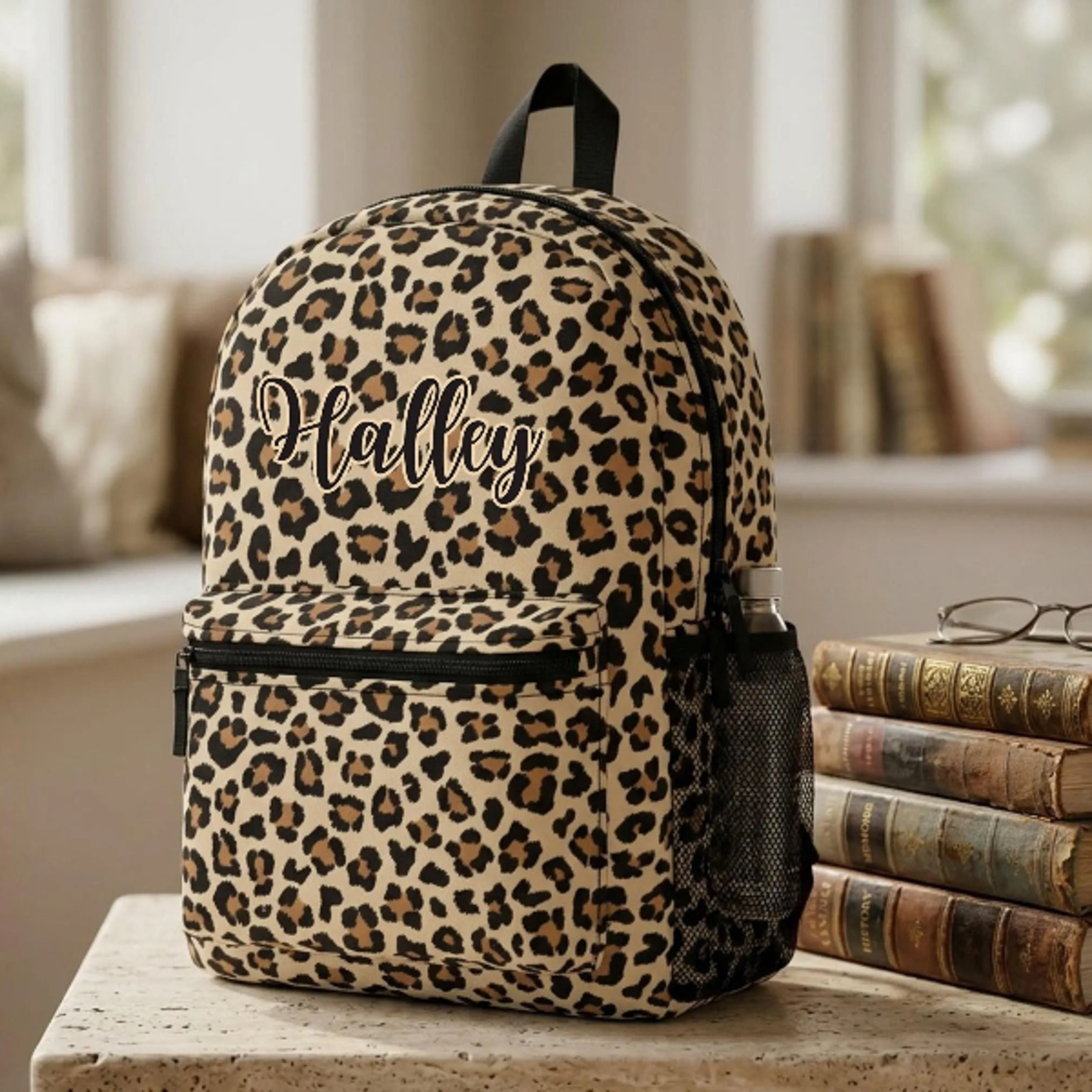 personalized leopard print kids backpack, custom name school backpack, cheetah print bookbag, animal print backpack