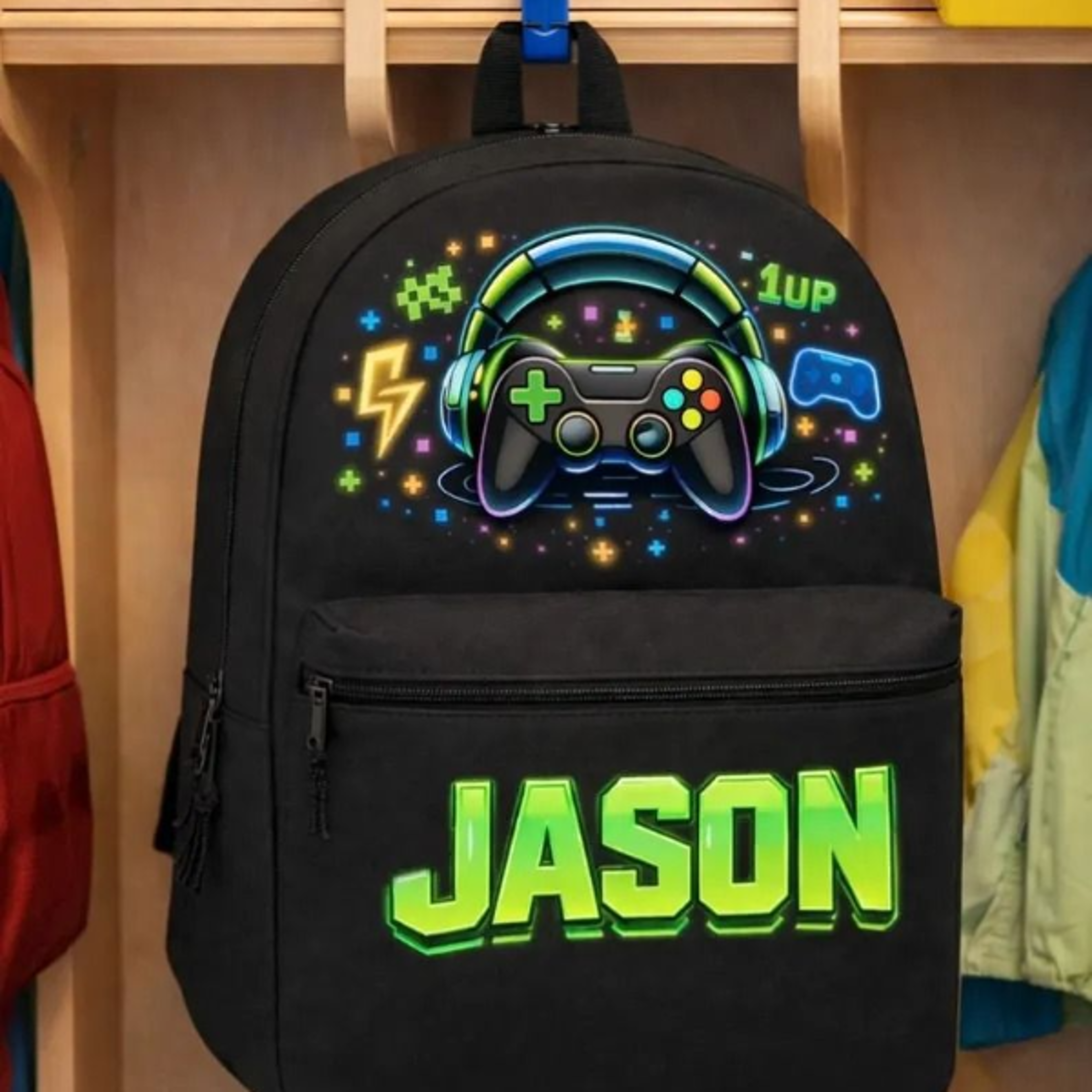 personalized gamer kids backpack, custom name gaming school backpack, video game controller bookbag, boys back to school