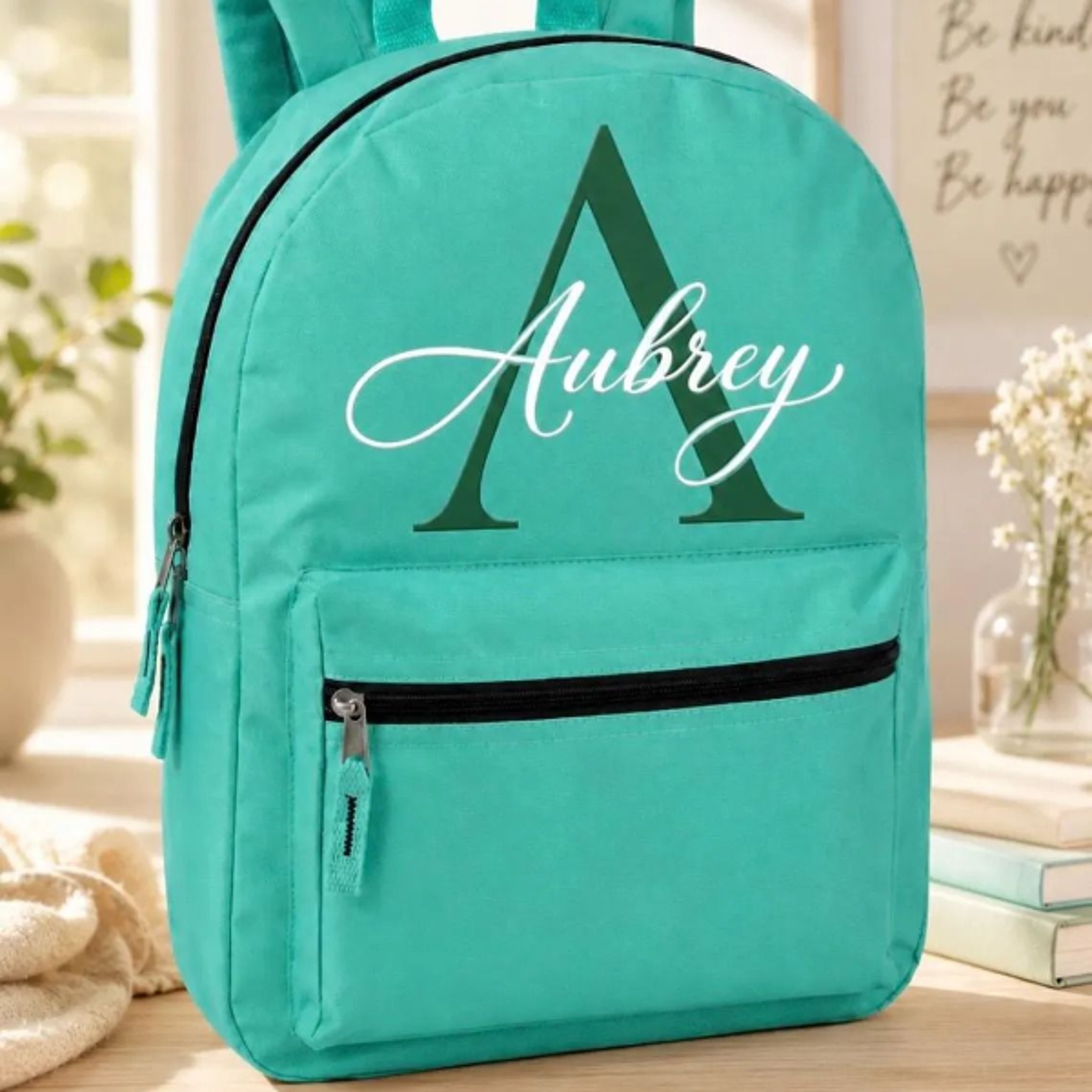 personalized teal girls backpack, custom name school backpack, monogram kids bookbag, aqua back to school bag
