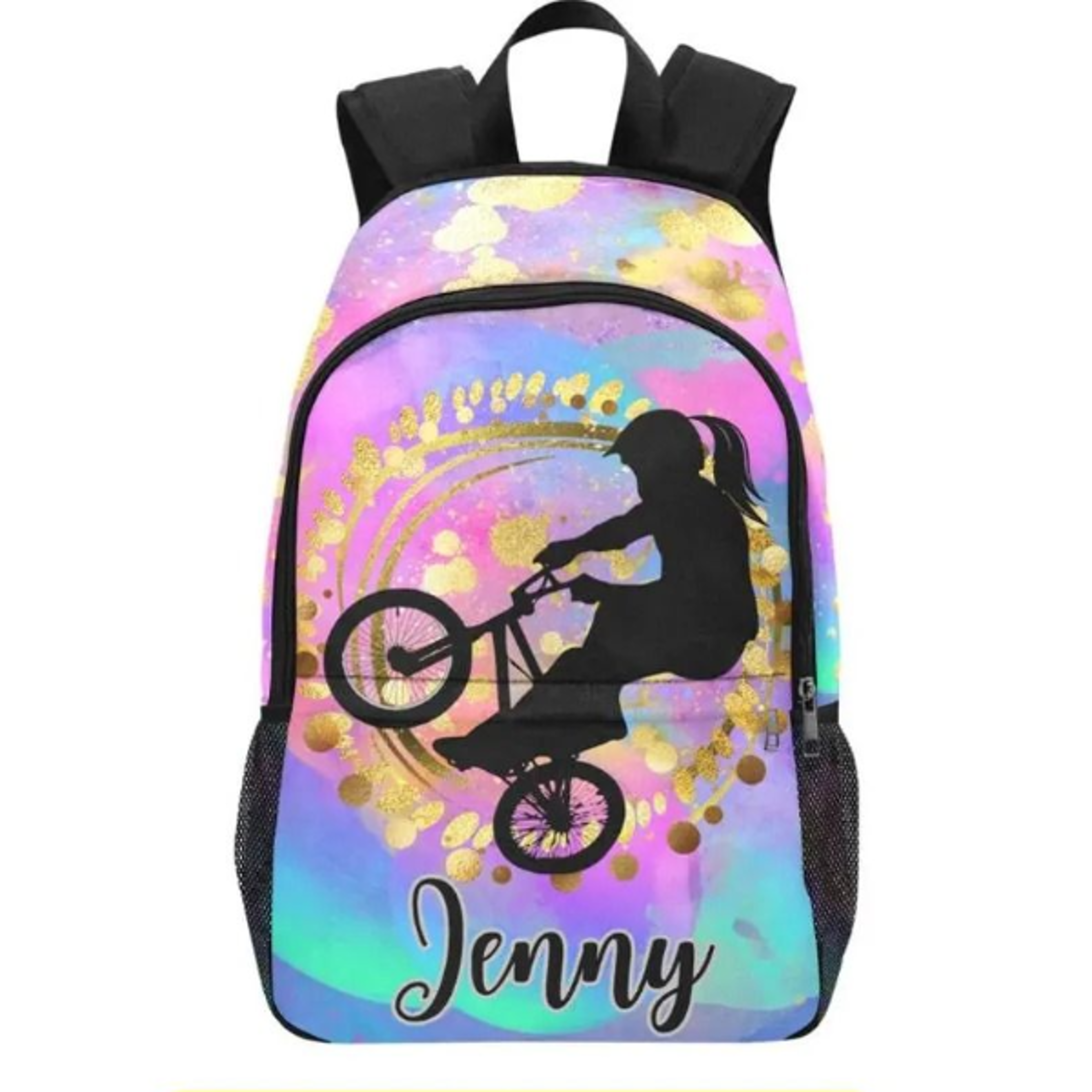 personalized bmx girls backpack, custom name bike school backpack, colorful bicycle bookbag, girls back to school bag