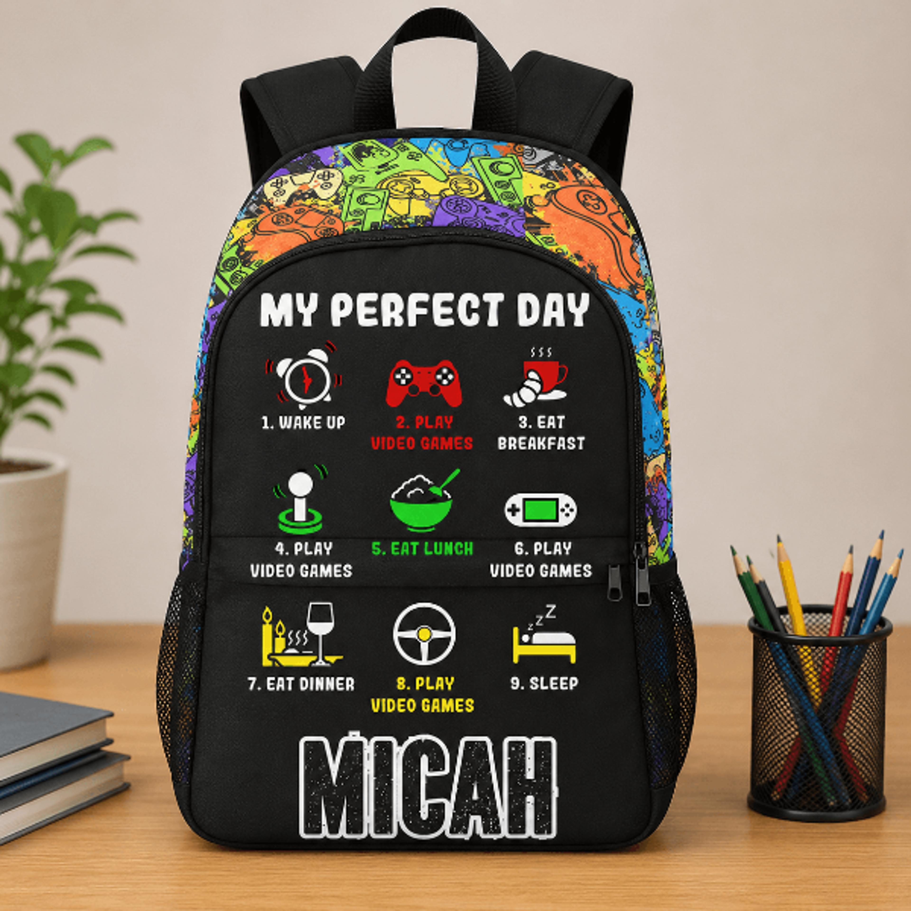 personalized gamer kids backpack, custom name gaming school backpack, my perfect day video game bookbag