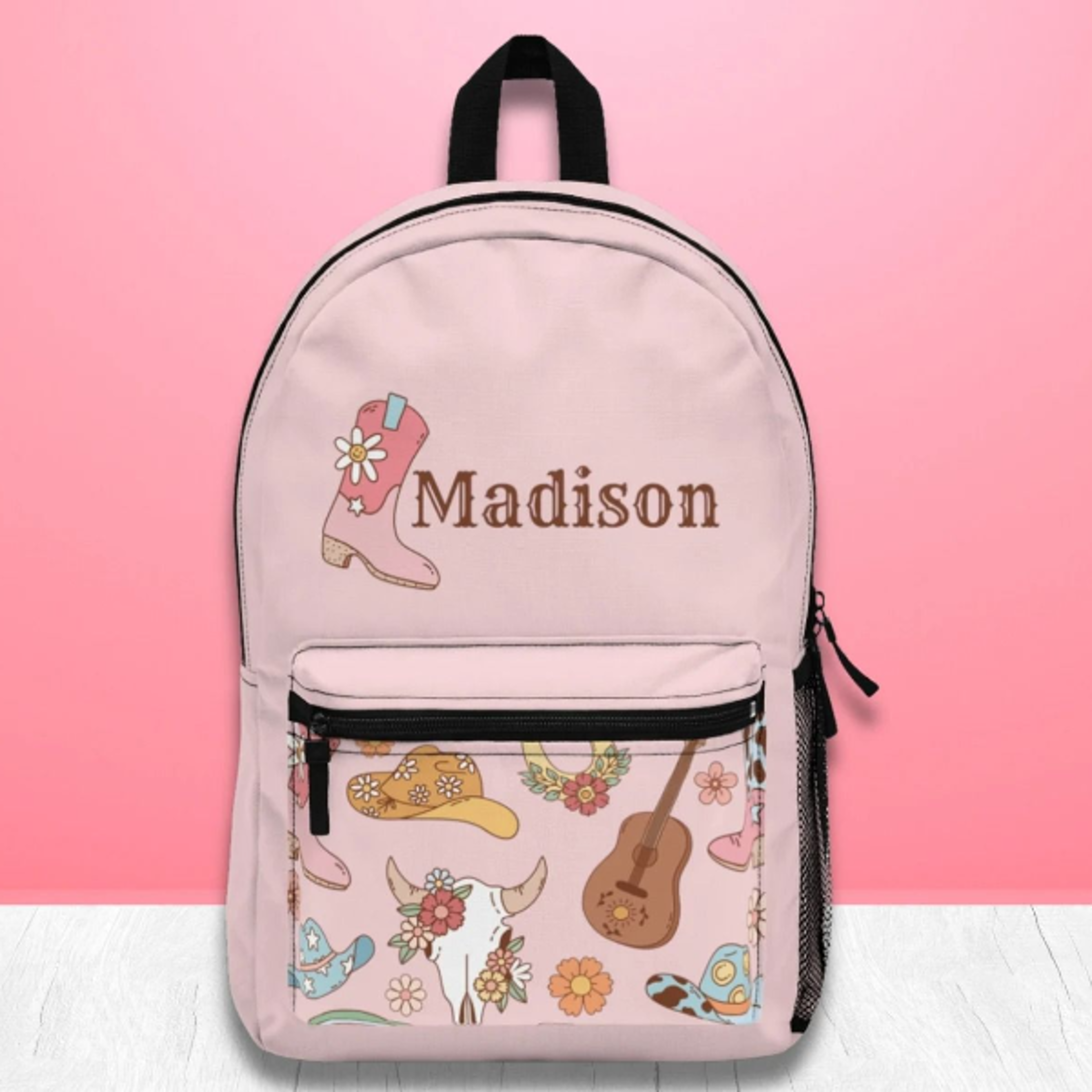 personalized cowgirl kids backpack, custom name western school bag for girls, pink cowboy boot bookbag, country girl bag