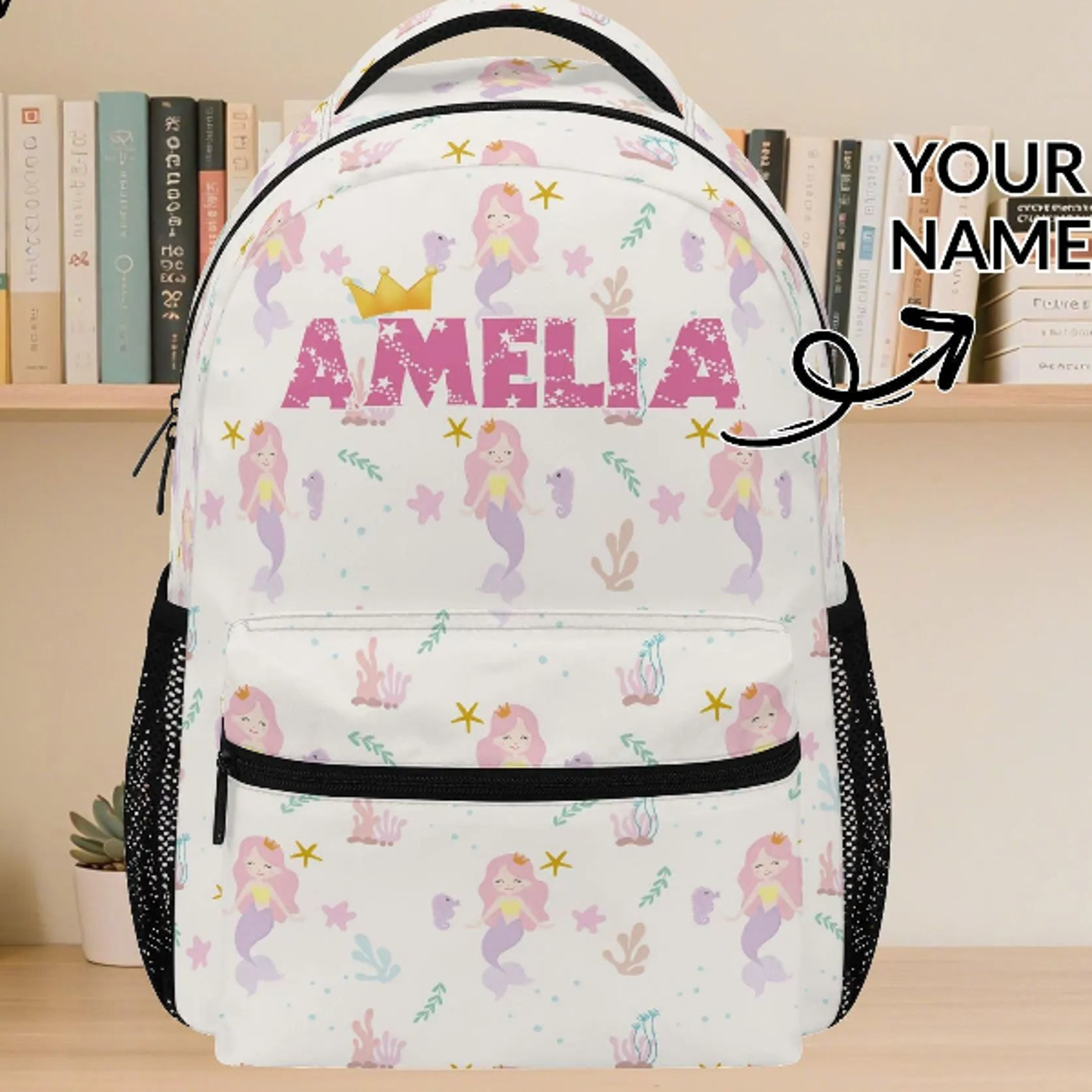 personalized mermaid backpack for girls, custom name princess school bag, cute under the sea kids bookbag, back to schoo