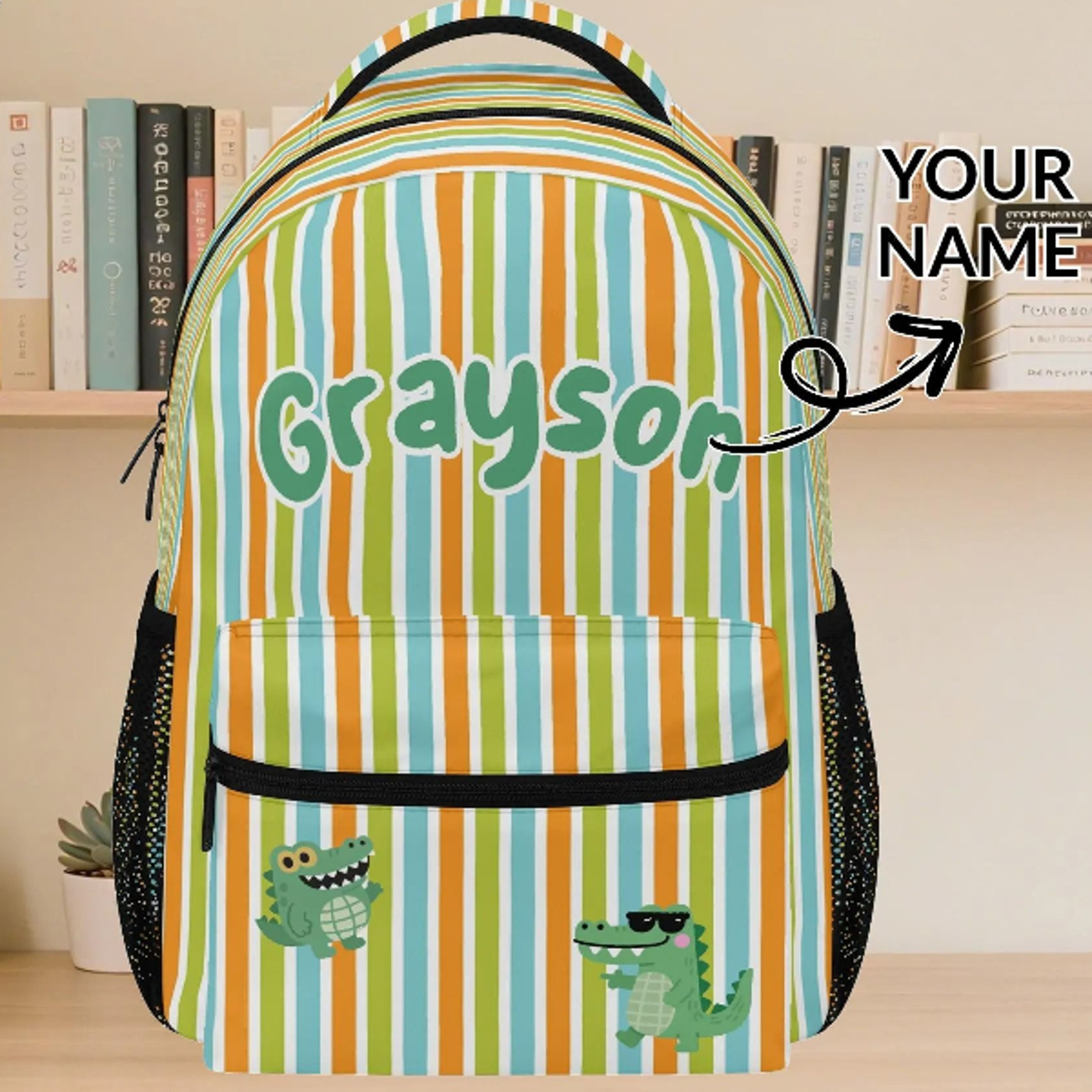 personalized alligator backpack for boys, custom name striped school bag, cute crocodile kids bookbag