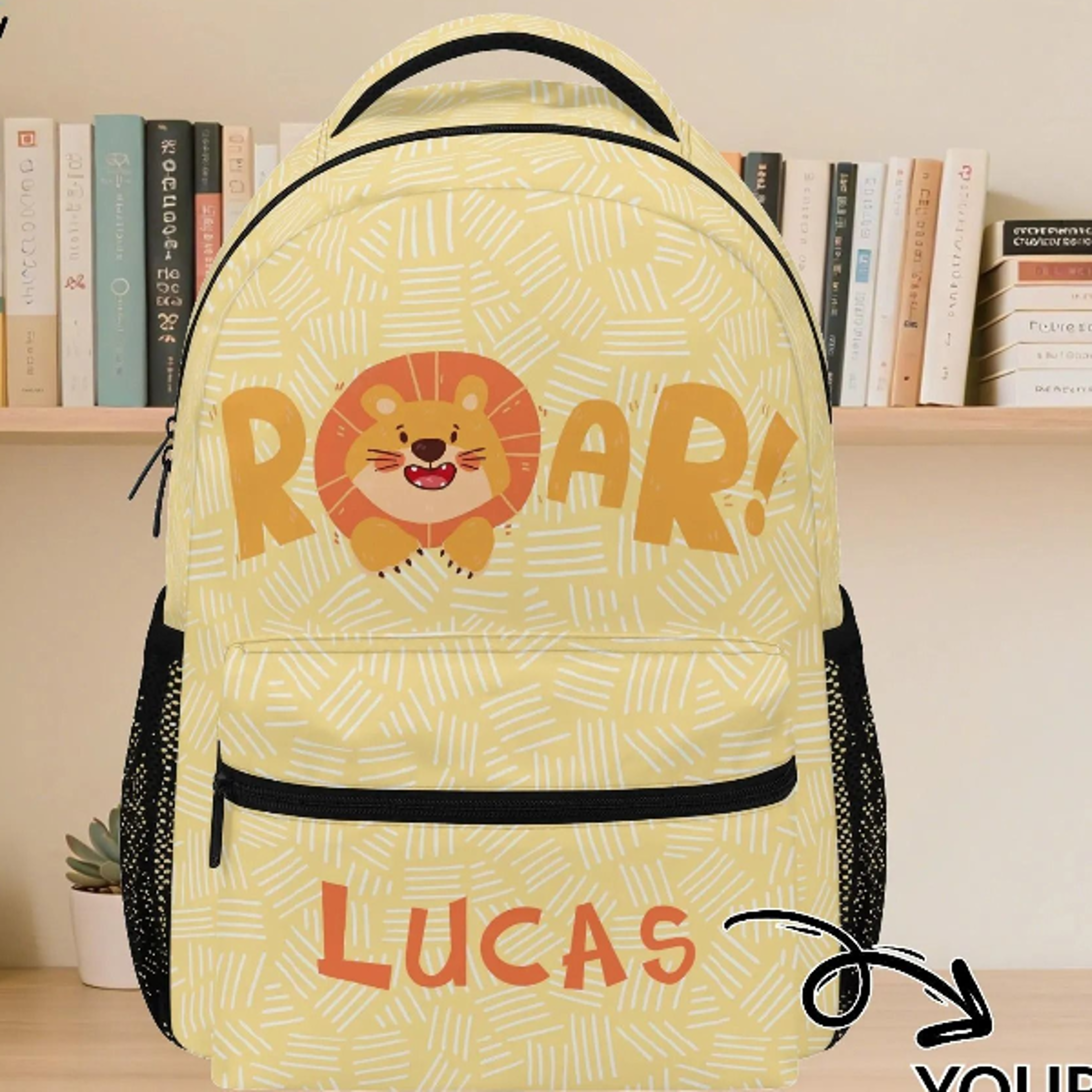 personalized lion backpack for boys, custom name kids school bag, cute safari animal bookbag