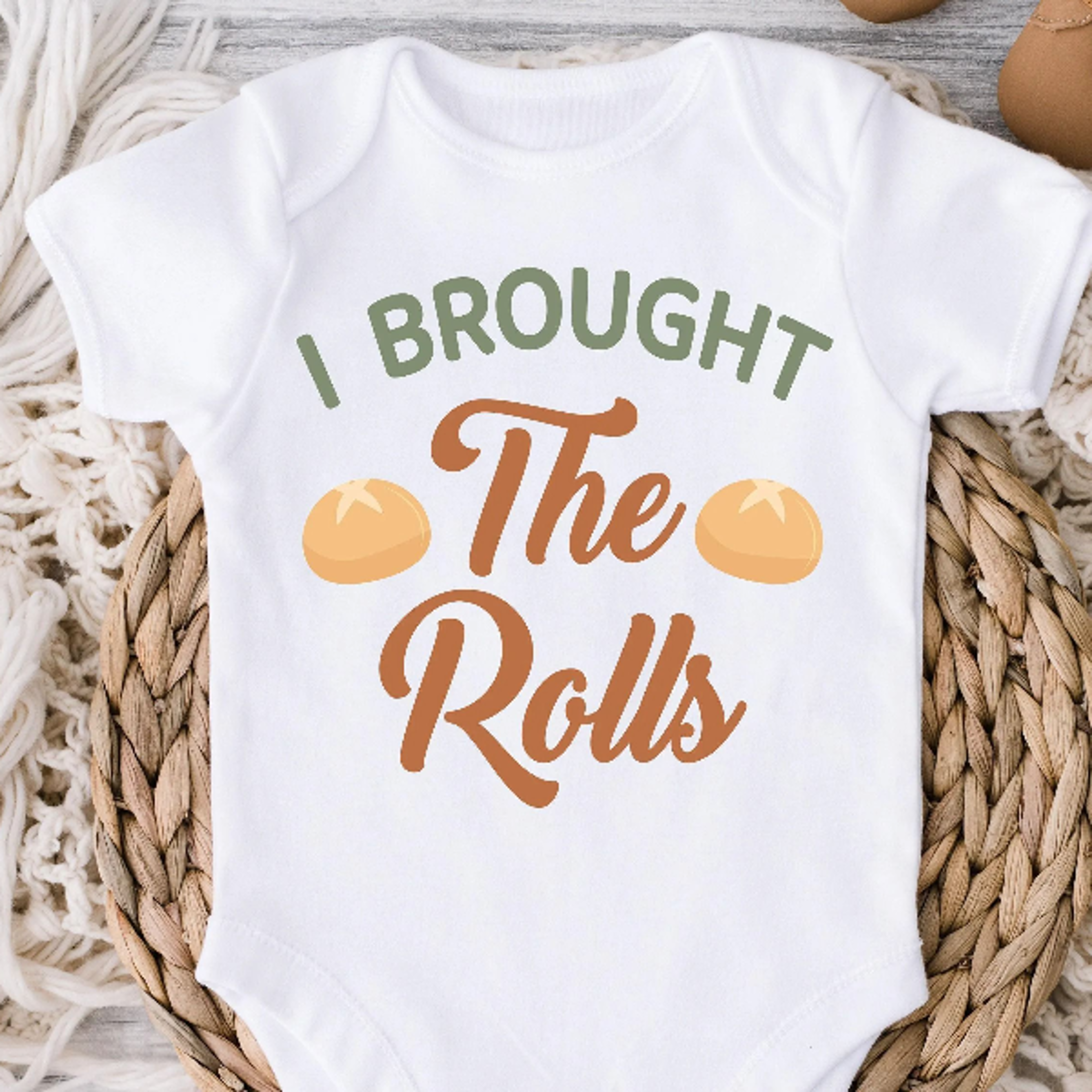 i brought the rolls thanksgiving baby bodysuit, funny turkey day infant outfit, baby first thanksgiving shirt, fall baby
