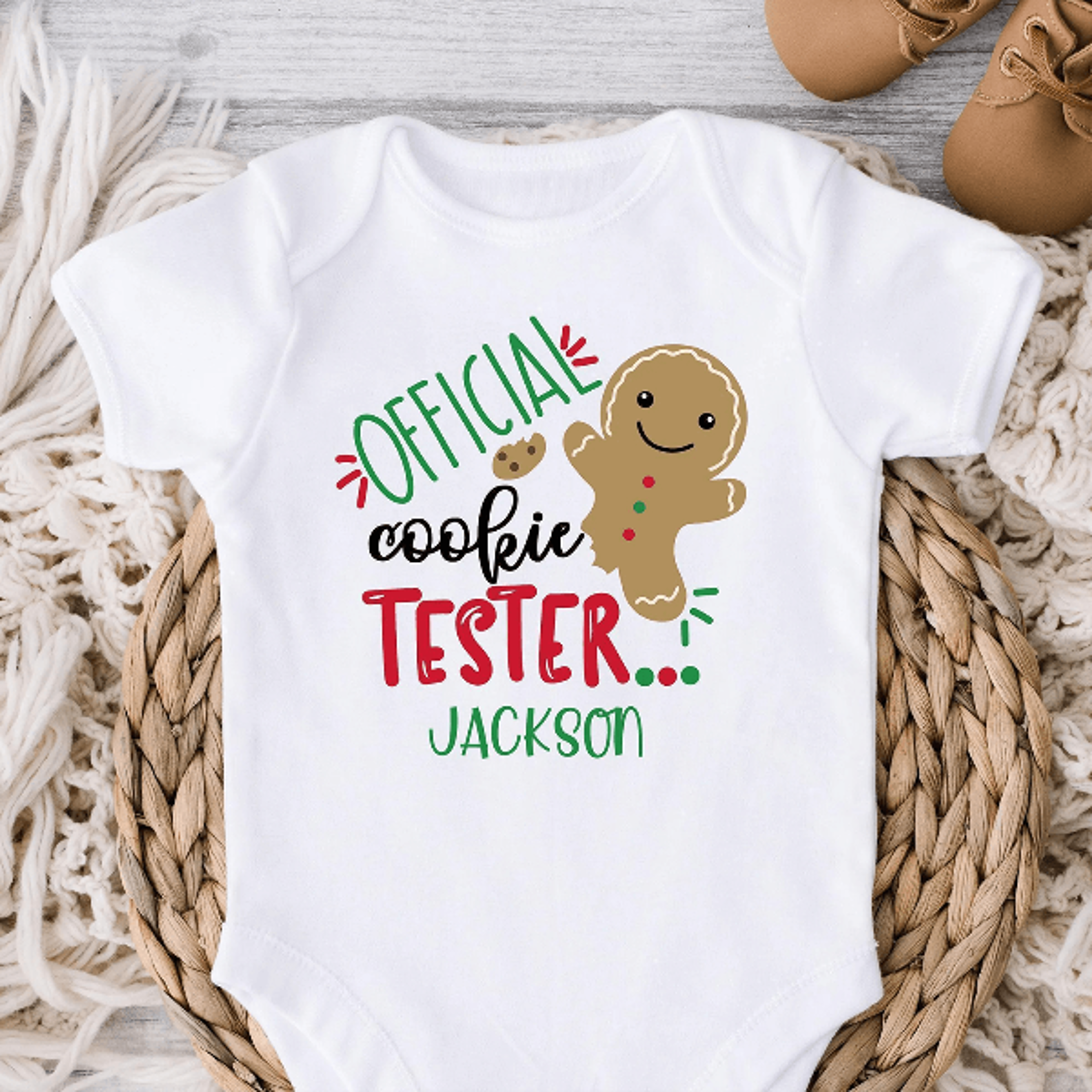 personalized official cookie tester baby bodysuit, gingerbread christmas baby shirt, custom name holiday baby outfit