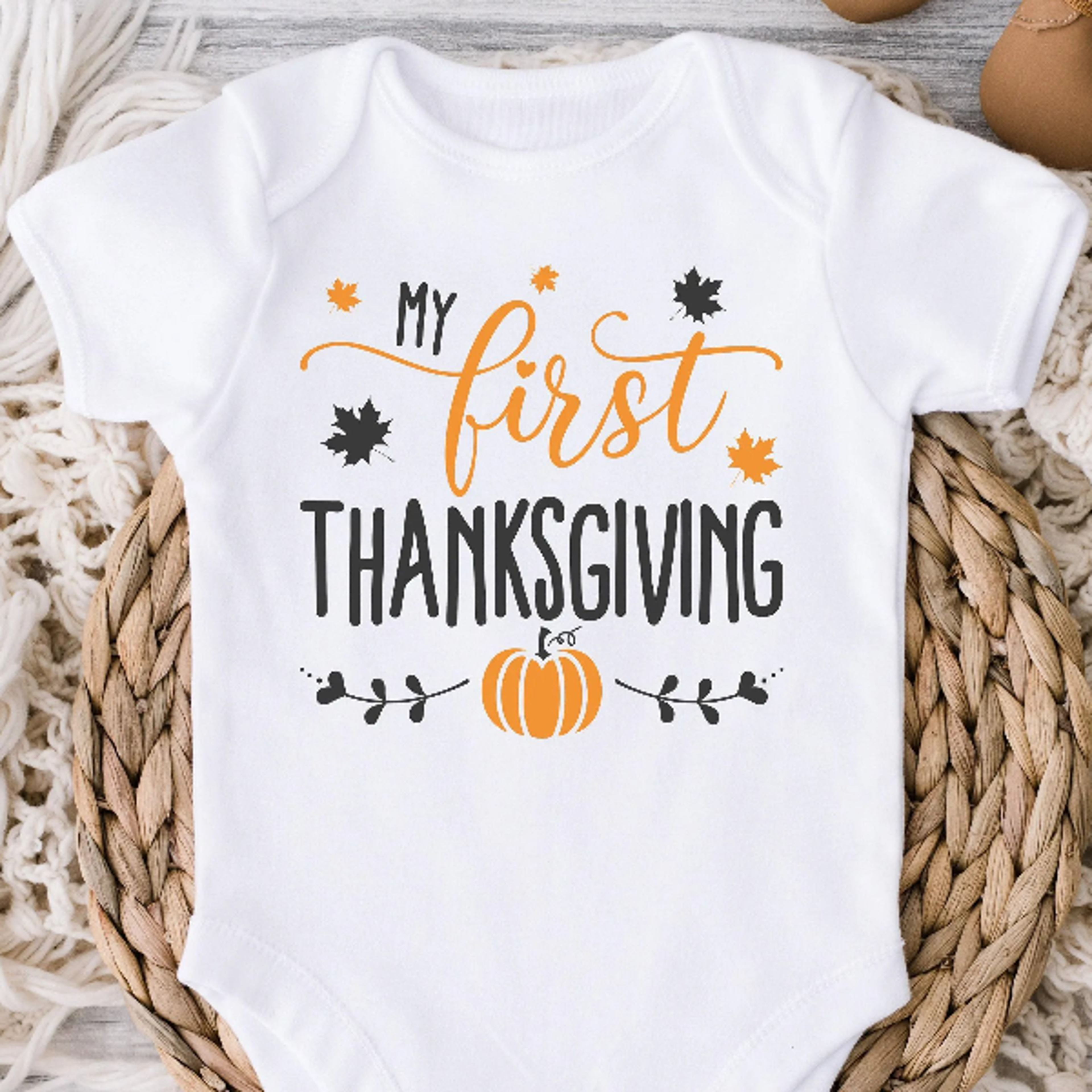 my first thanksgiving baby bodysuit, baby thanksgiving outfit, pumpkin fall baby shirt, first turkey day baby gift