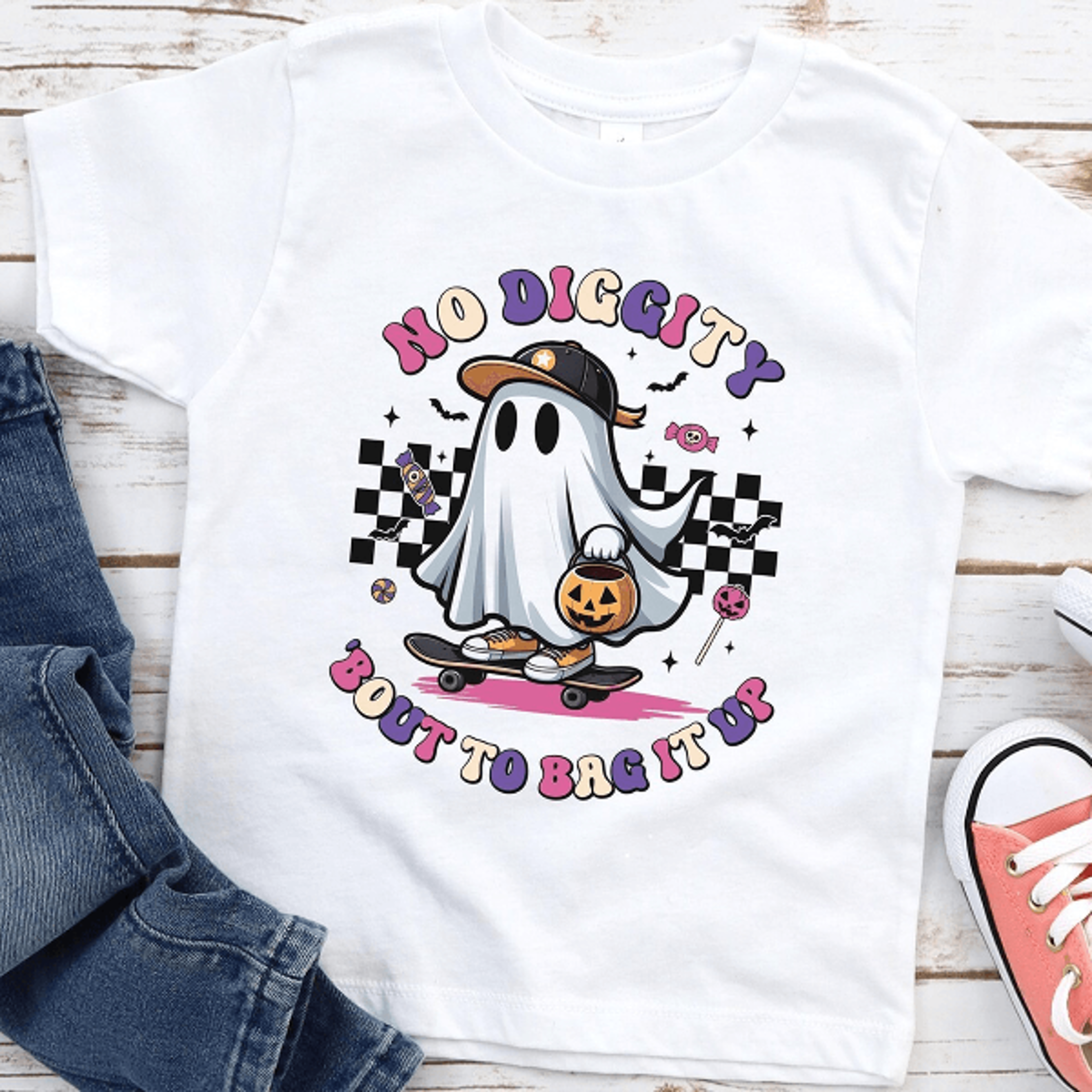 no diggity bout to bag it up kids halloween shirt, skateboard ghost toddler tee, funny halloween kids shirt