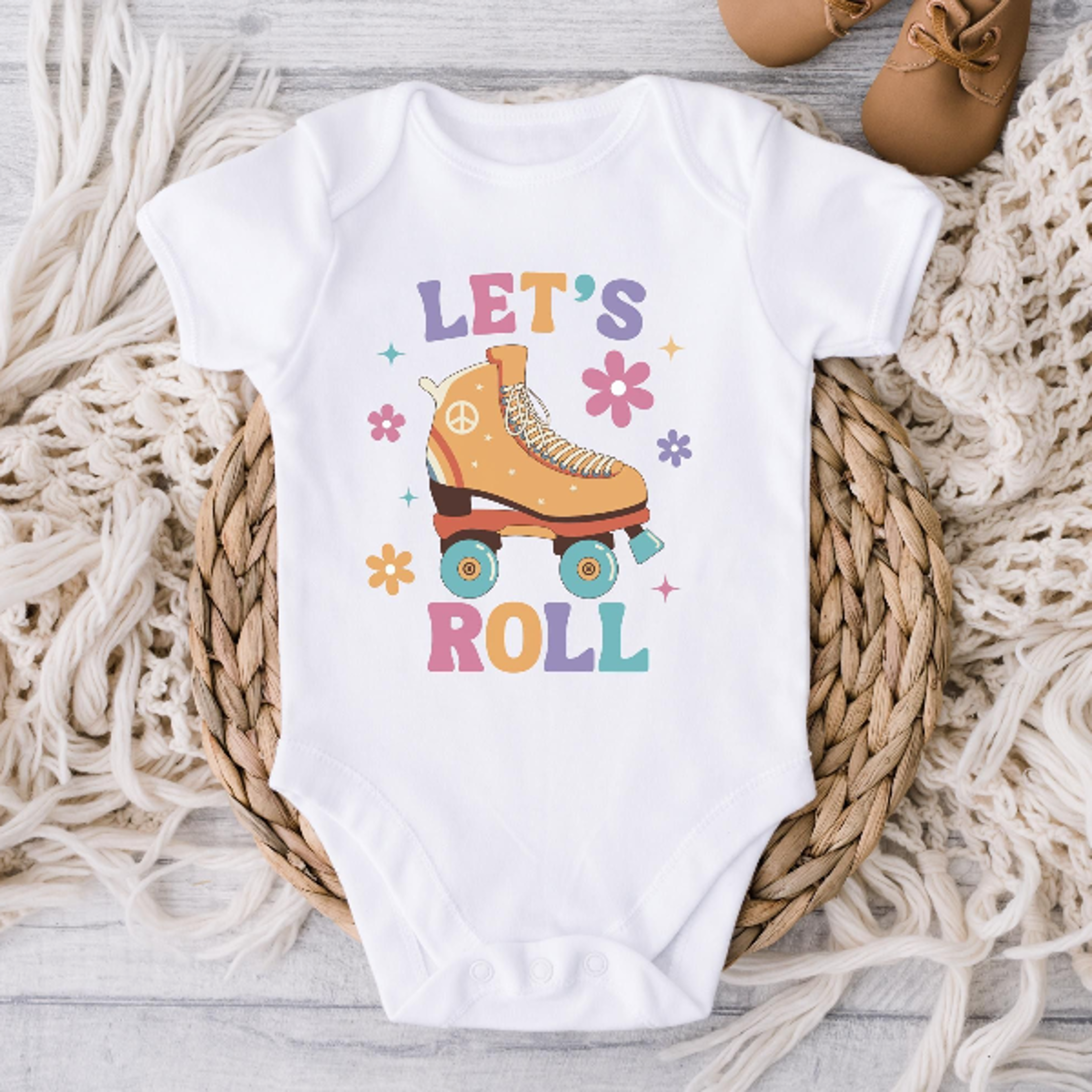 let's roll baby bodysuit, roller skate baby romper, groovy baby girl onesie, retro roller skating outfit
