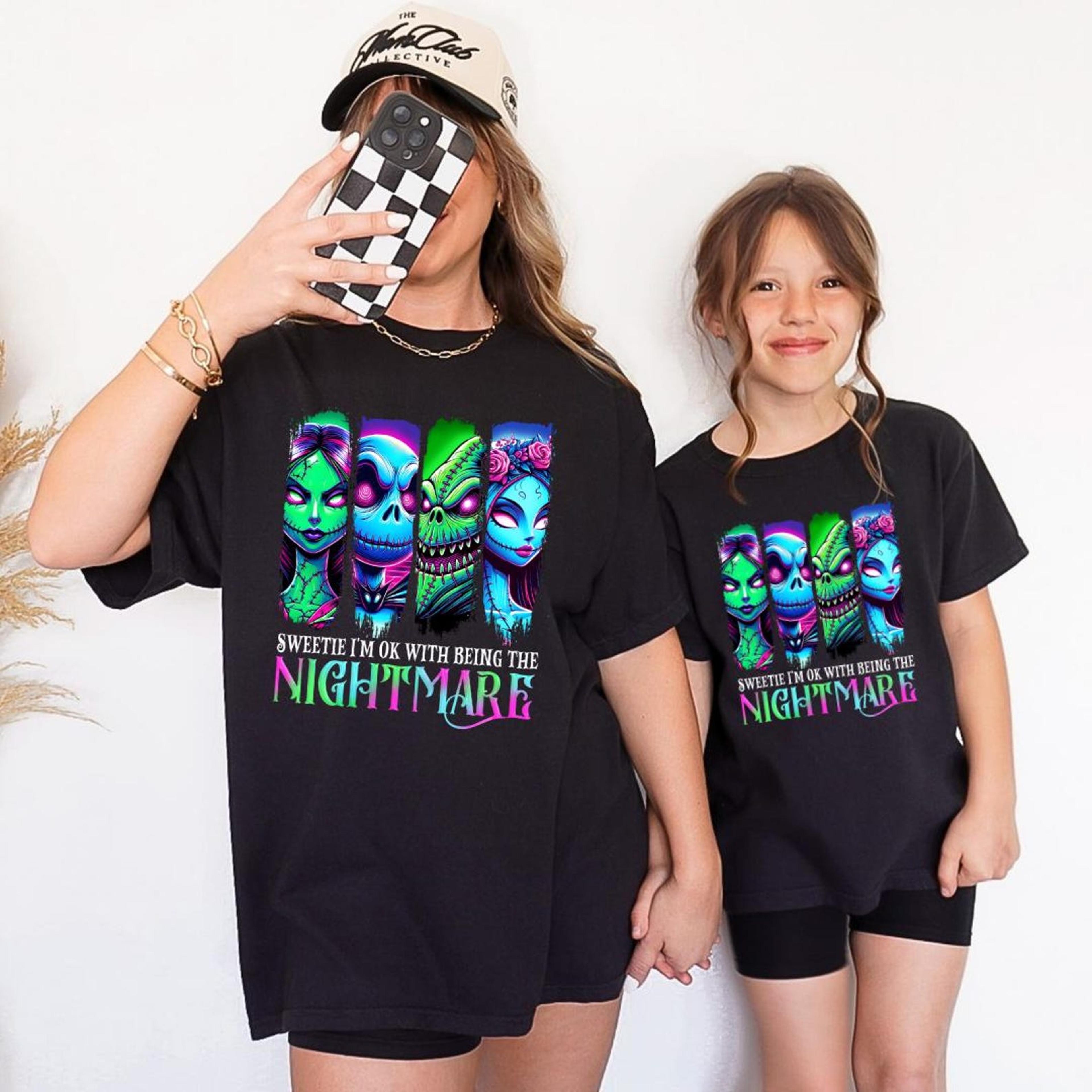 mommy and me nightmare halloween shirts, comfort colors skeleton tees, matching mother daughter spooky family outfit