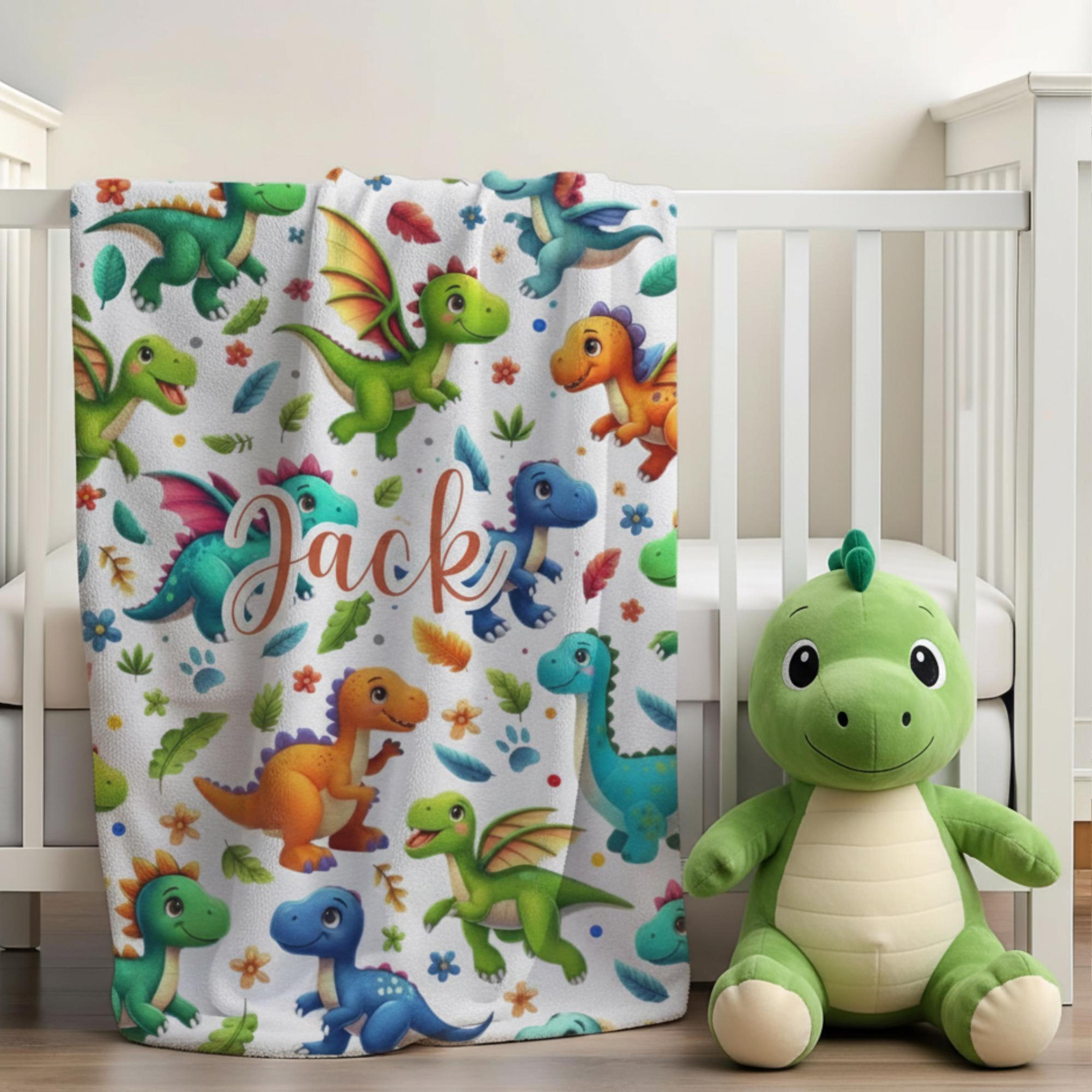 personalized cartoon dinosaur blanket, custom name velveteen plush throw, colorful dino nursery decor, baby & kids gift