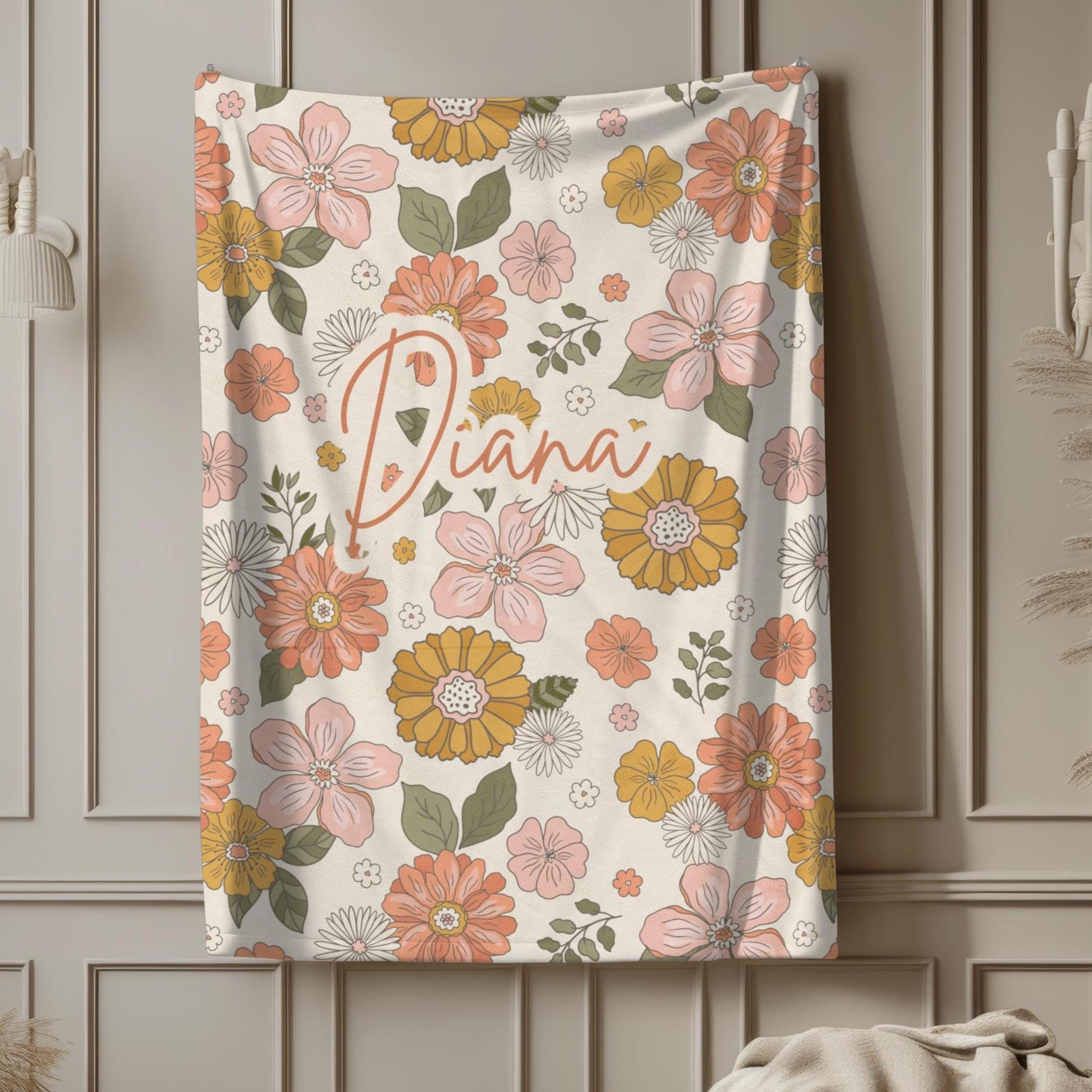 personalized floral velveteen plush blanket, custom name flower throw, romantic bridal shower, wedding & bride keepsake