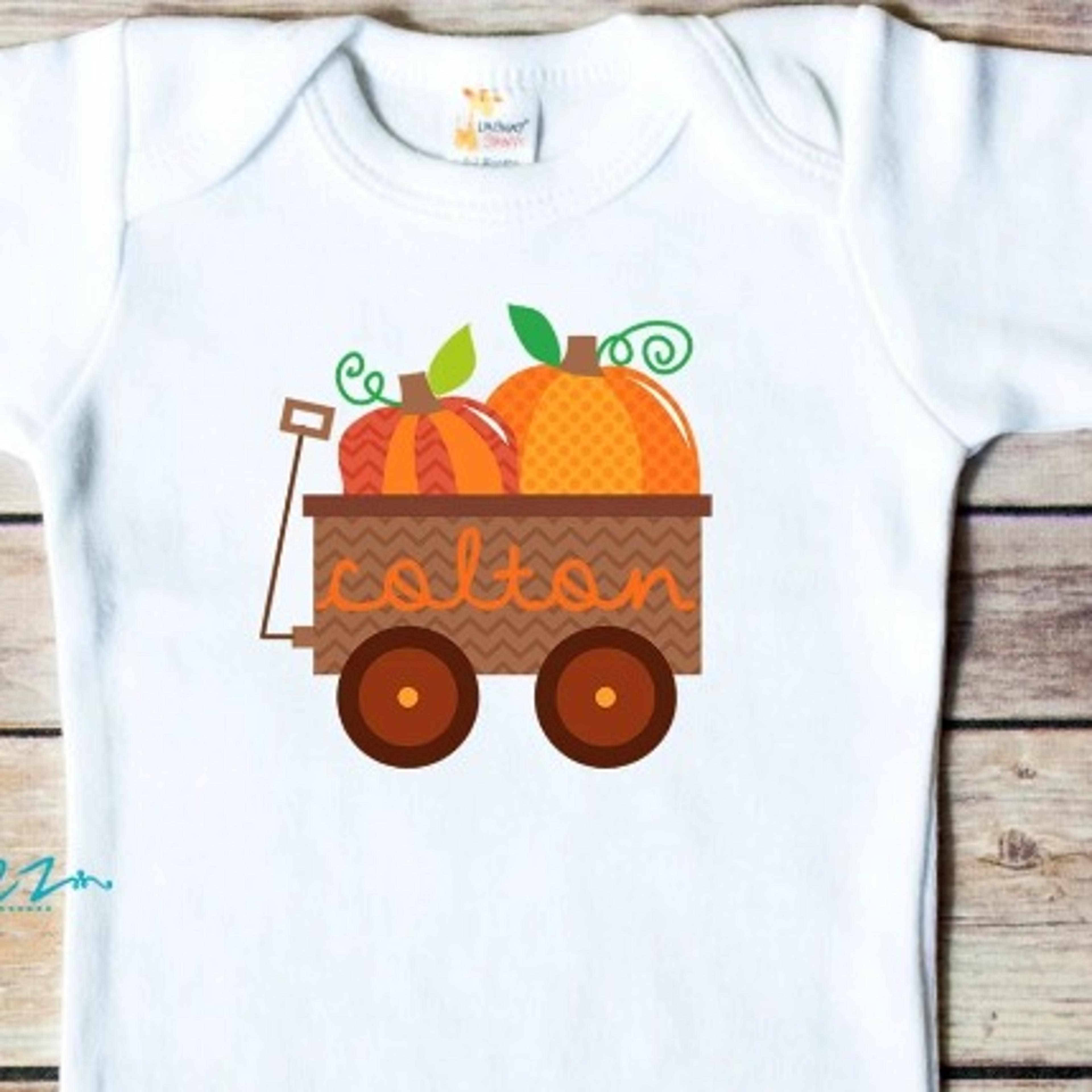 personalized pumpkin wagon baby bodysuit, custom name fall baby onesie, pumpkin patch outfit, autumn baby clothes