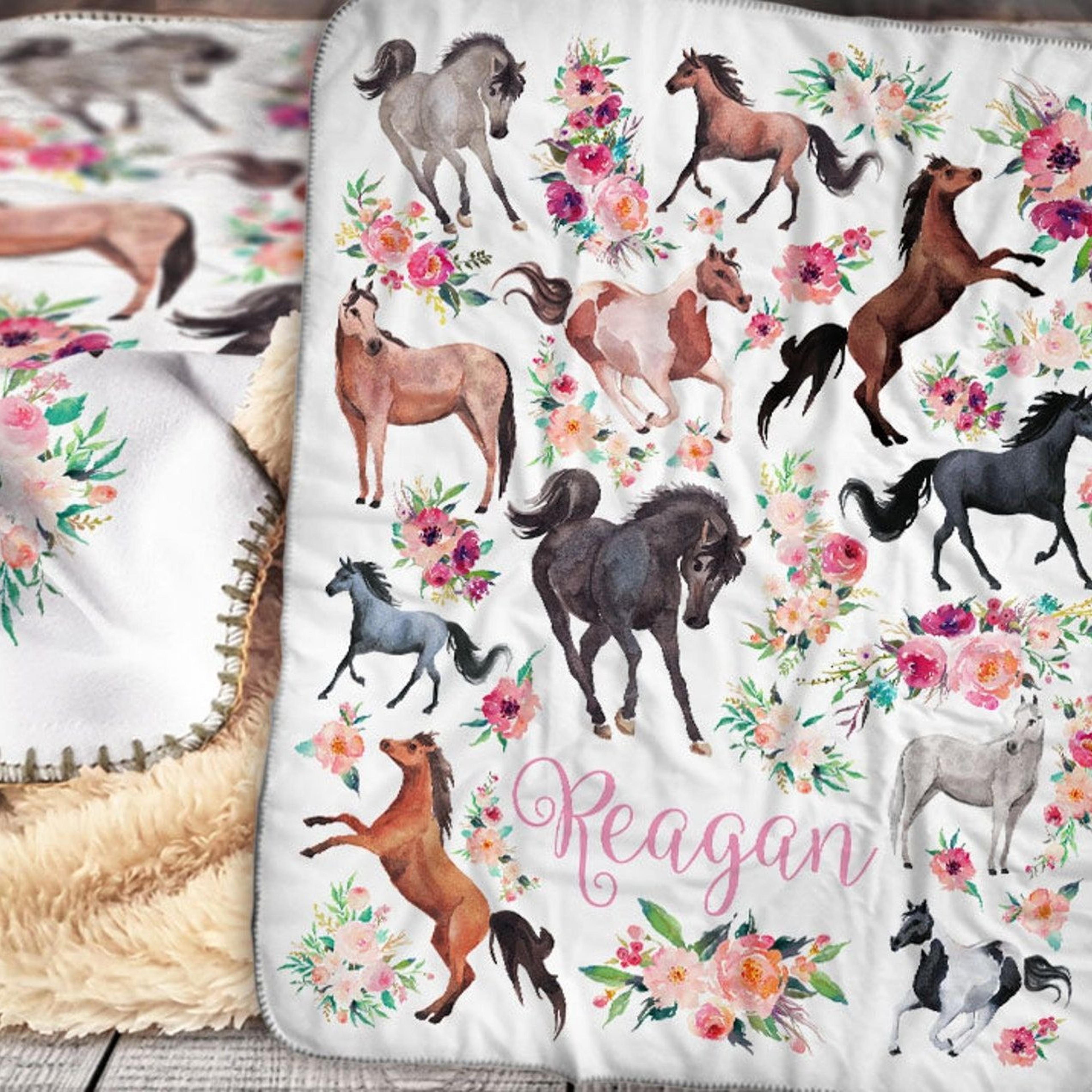 personalized horse sherpa blanket, custom name equestrian design, horse lover birthday gift, western girls room decor