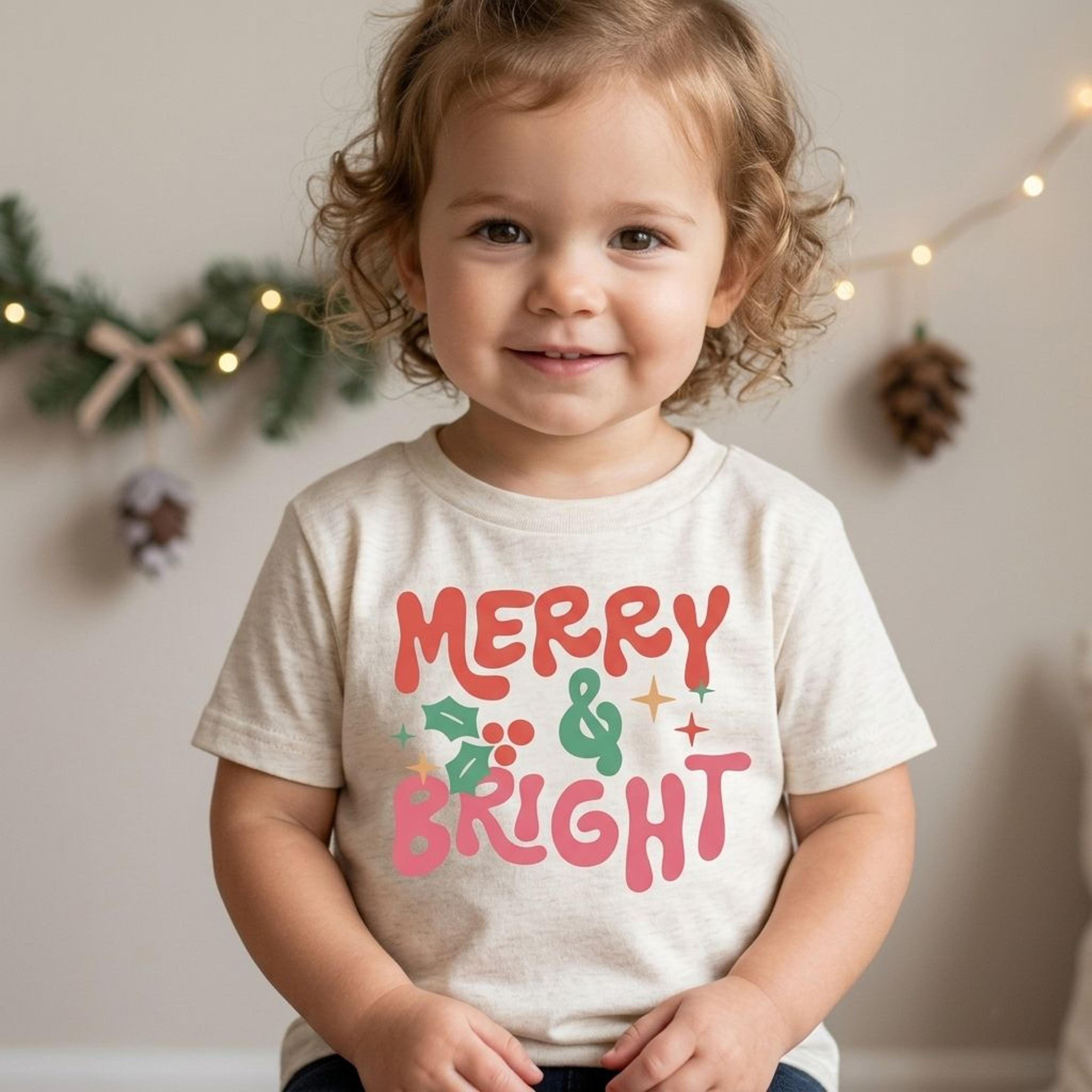 merry and bright christmas shirt, baby bodysuit, kids holiday tee, toddler christmas raglan, retro xmas outfit
