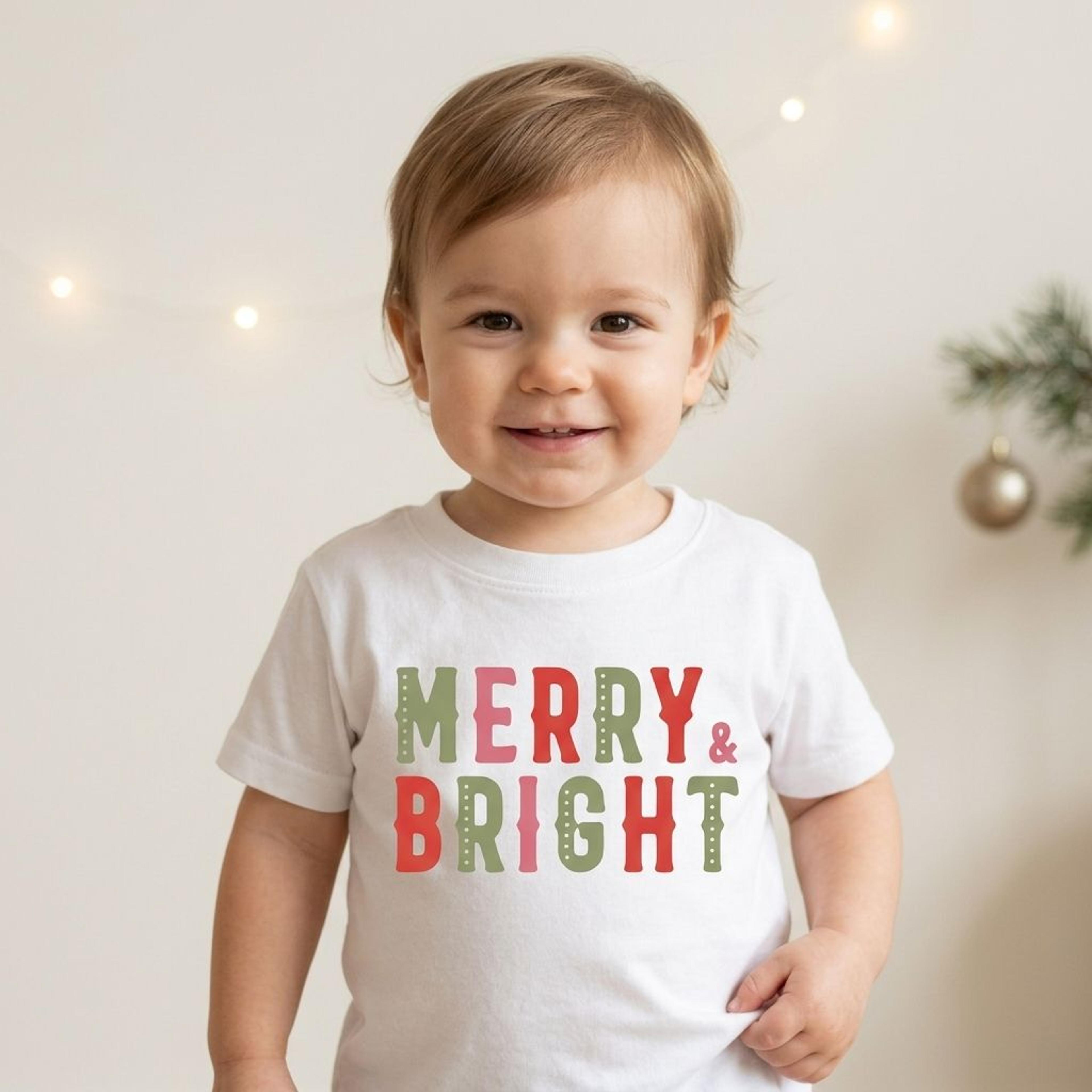 merry and bright kids christmas shirt, retro holiday tee, baby bodysuit, toddler xmas raglan, festive christmas outfit