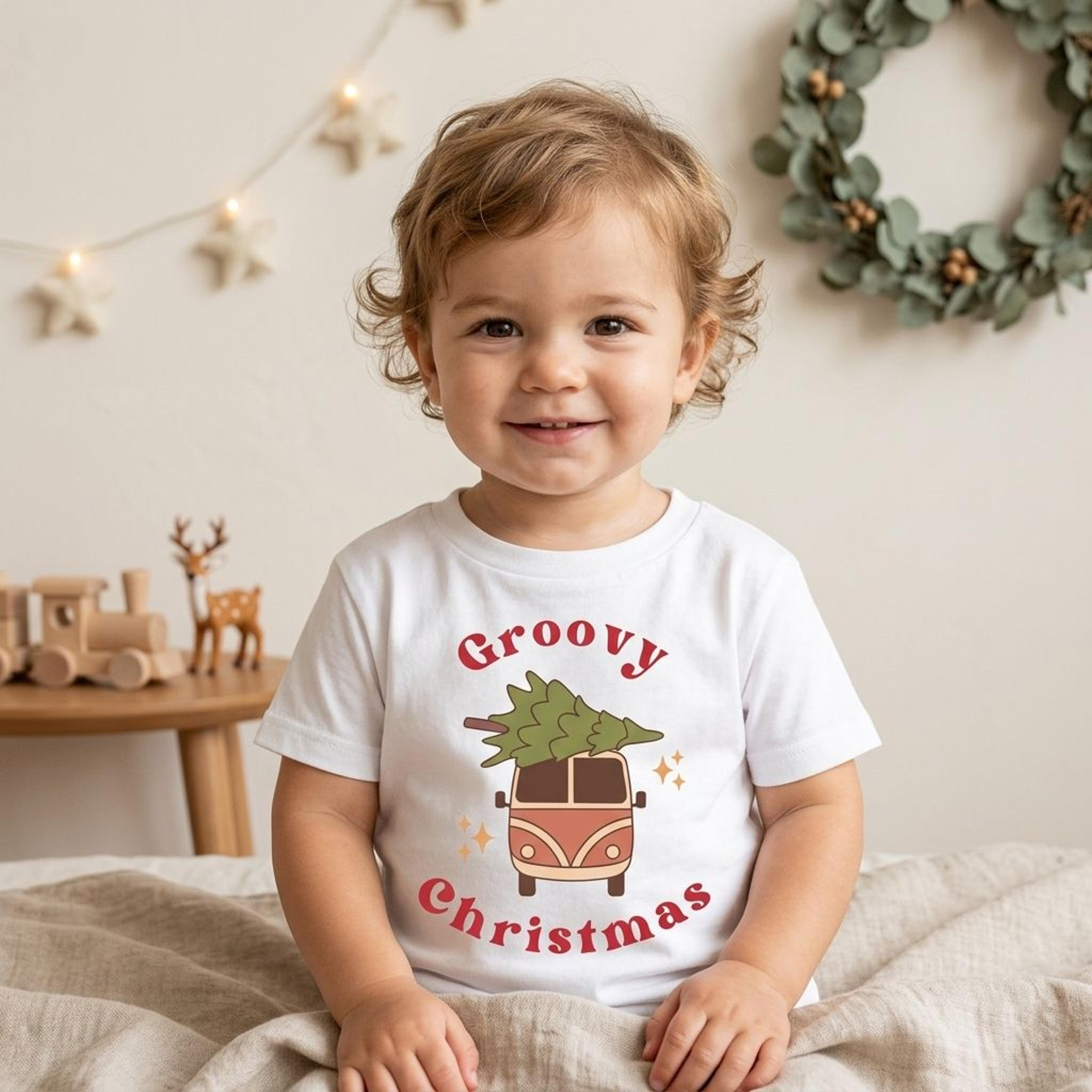groovy christmas kids shirt, retro holiday van tee, baby christmas bodysuit, toddler xmas raglan, vintage holiday outfit