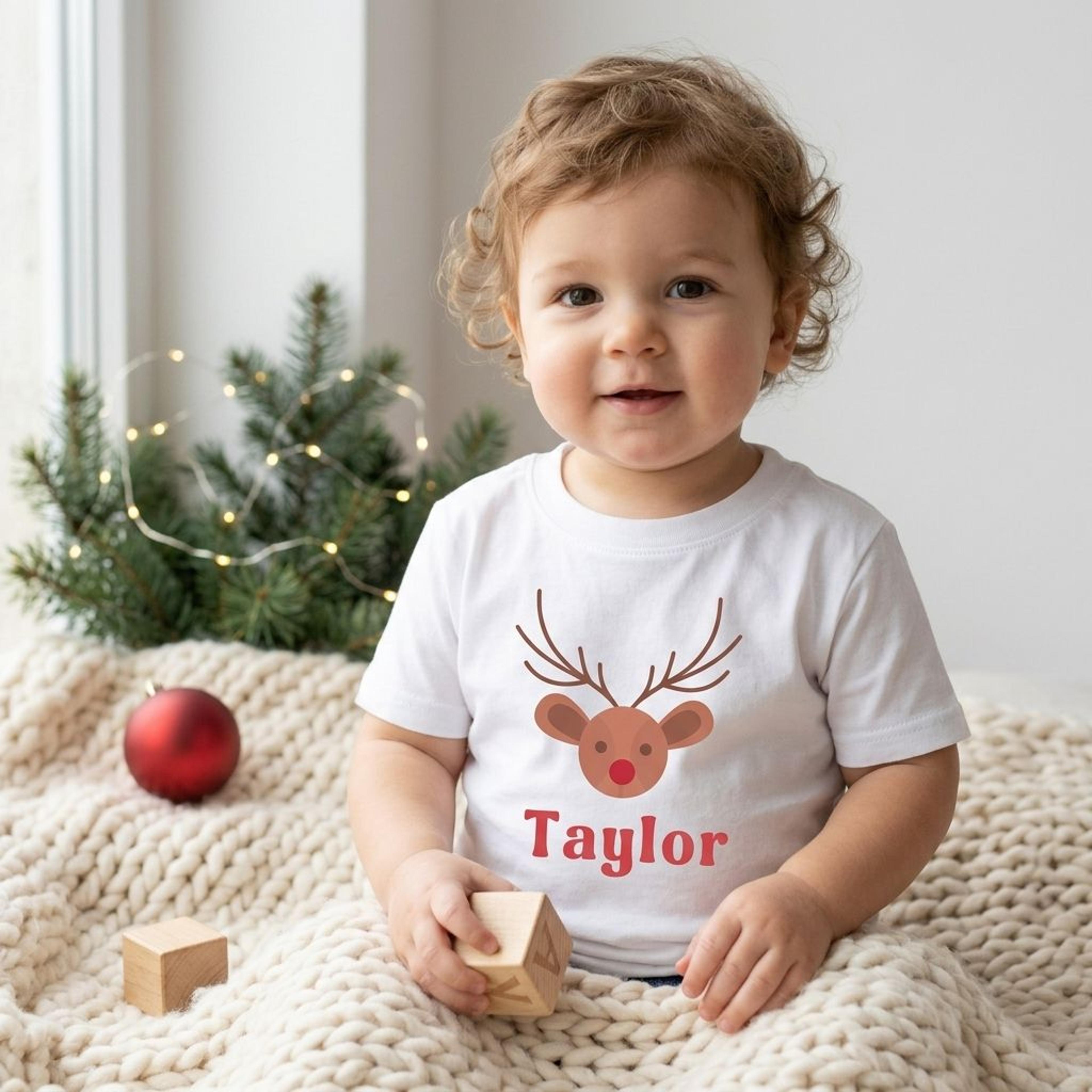 personalized reindeer christmas shirt, custom name baby bodysuit, toddler holiday tee, kids christmas raglan gift